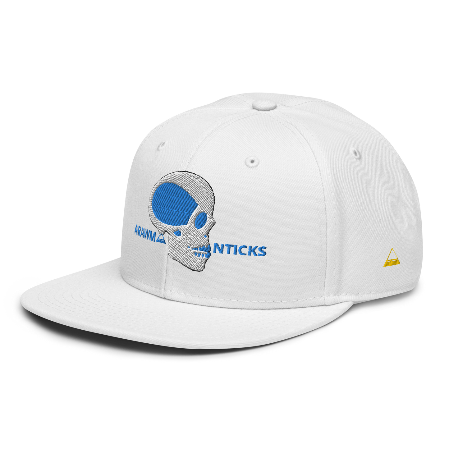 White Snapback Hat with White and Blue Skull Embroidery - ARAWMANTICKS Left Front Mockup
