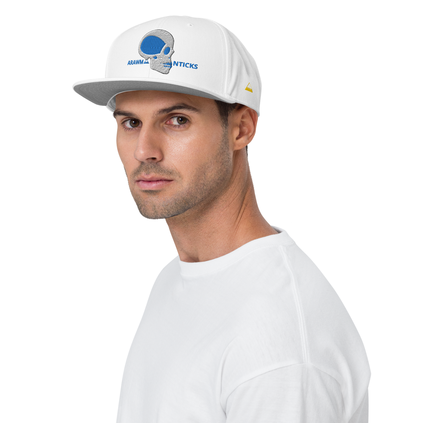 Male Model Wearing White Snapback Hat with White and Blue Skull Embroidery - ARAWMANTICKS