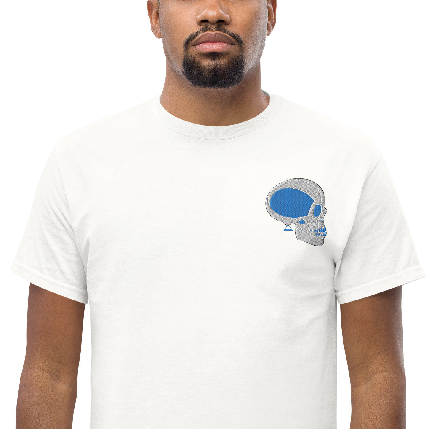 Male Model Wearing White T-Shirt with White and Blue Skull Front Embroidery - ARAWMANTICKS
