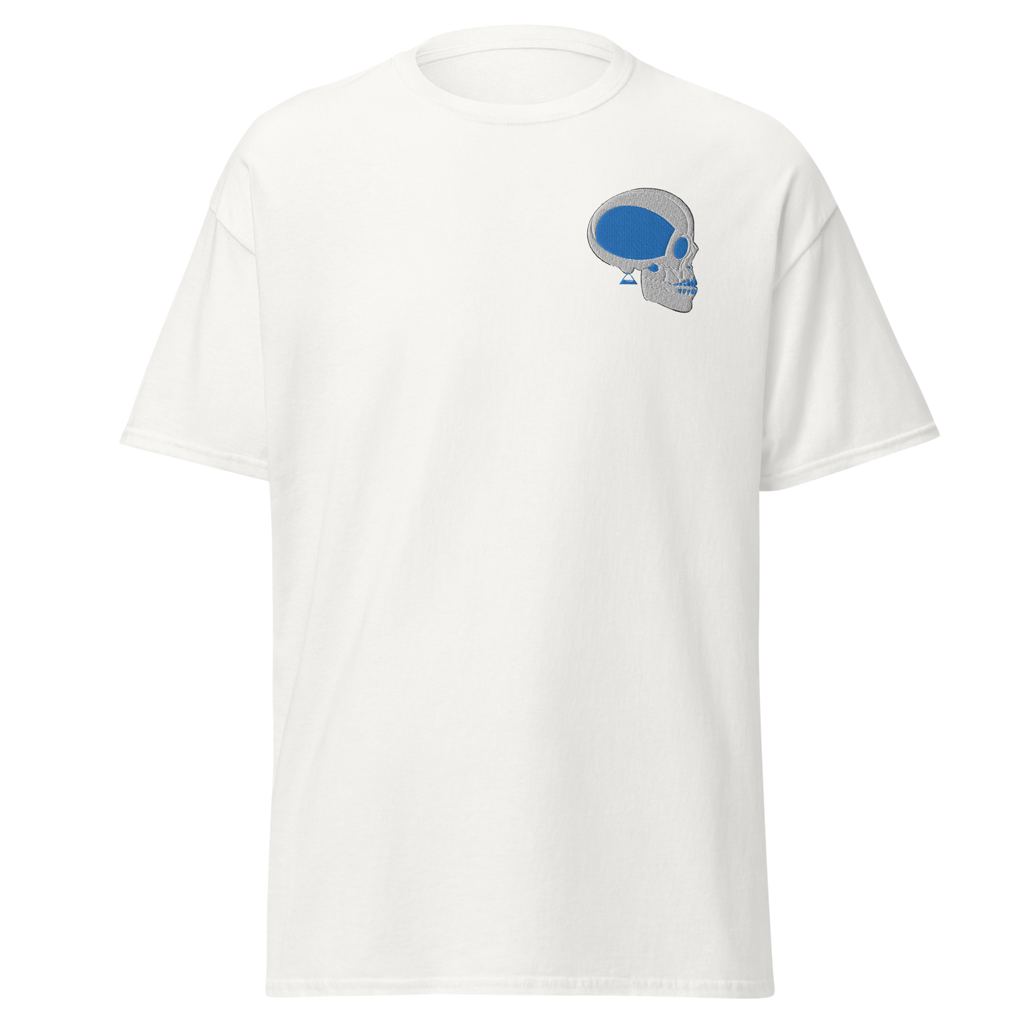 White T-Shirt with White and Blue Skull Front Embroidery - ARAWMANTICKS Ghost Mockup