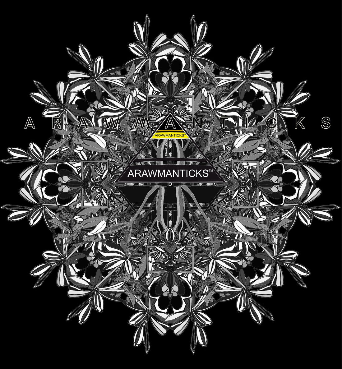 Black and white floral mandala with symmetrical branches and a central triangle logo reading 'ARAWMANTICKS'.