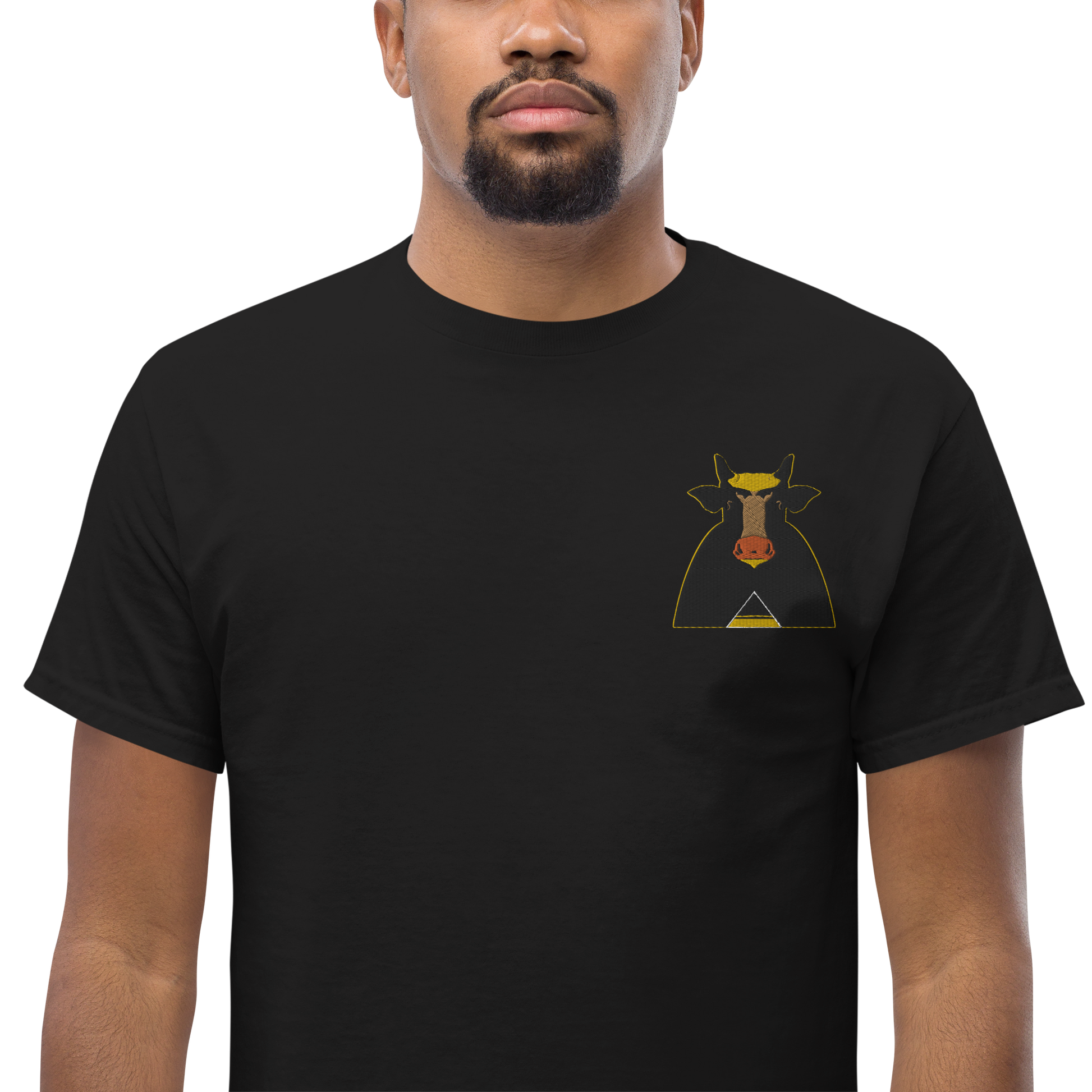 Male Model Wearing Black T-Shirt with Black and Gold Holy Cow Front Embroidery - ARAWMANTICKS