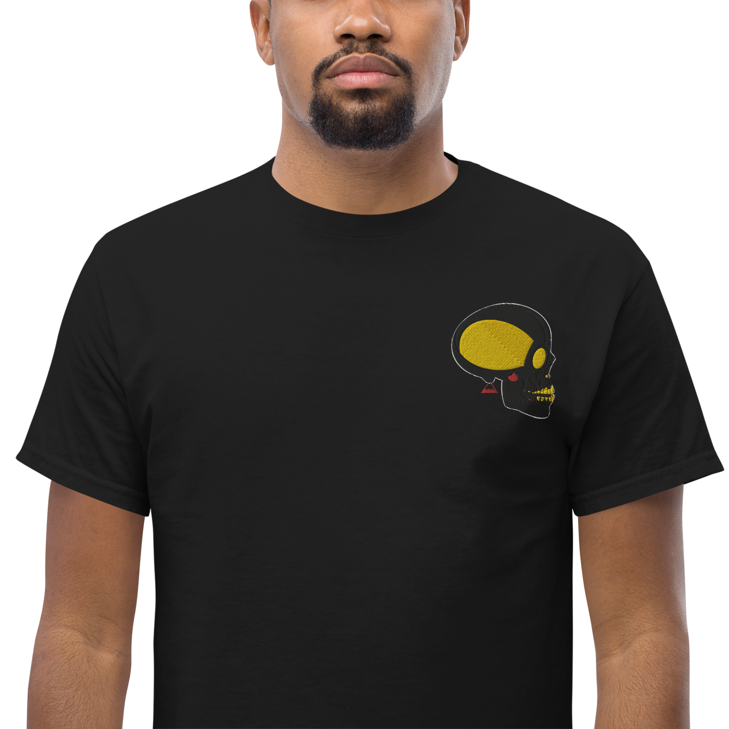 Male Model Wearing Black T-Shirt with Black and Gold Skull Front Embroidery - ARAWMANTICKS