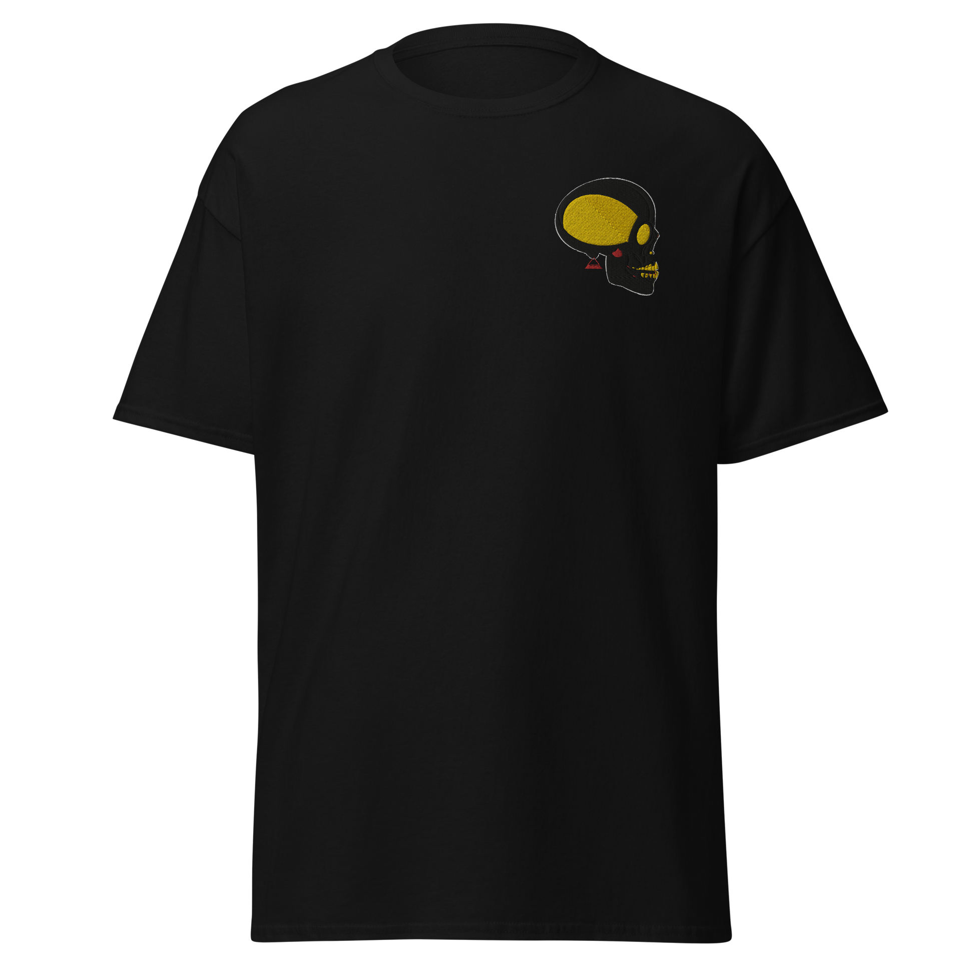 Black T-Shirt with Black and Gold Skull Front Embroidery - ARAWMANTICKS Ghost Mockup