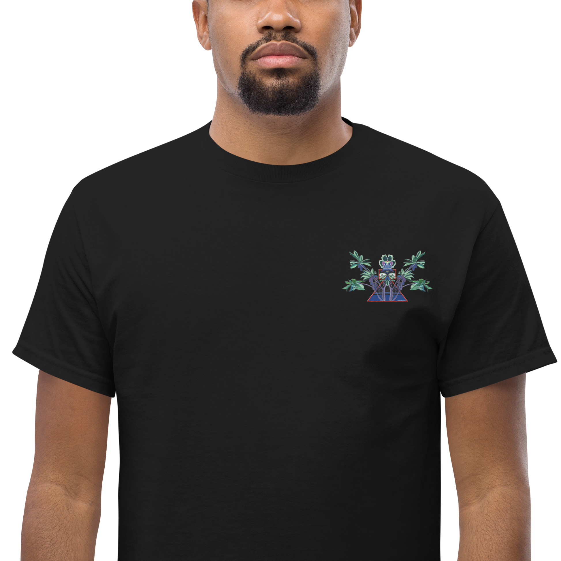 Male Model Wearing Black T-Shirt with Blue Floral Desert Rose Front Embroidery - ARAWMANTICKS