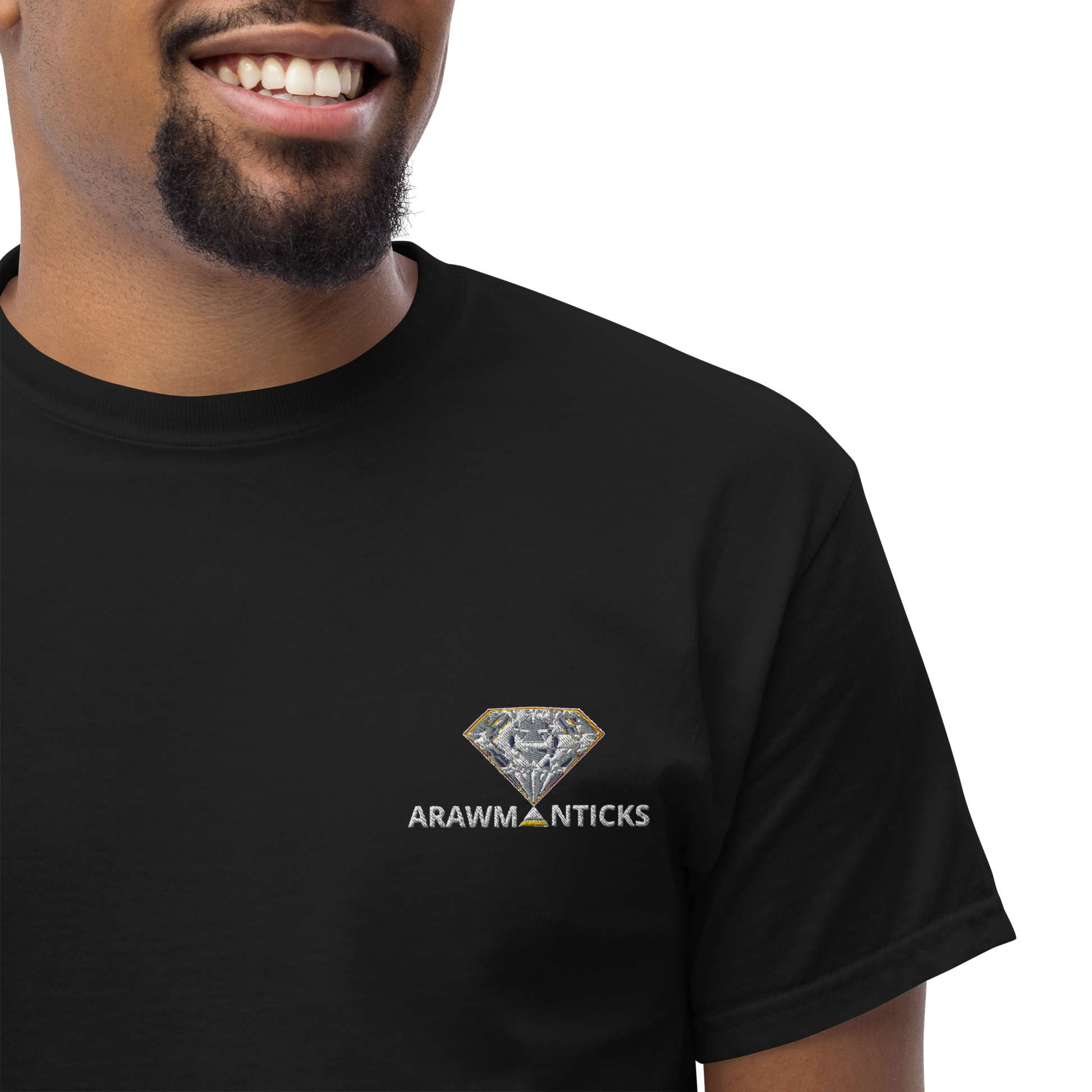 Male Model Wearing Black T-Shirt with Bright Diamond Front Embroidery - ARAWMANTICKS