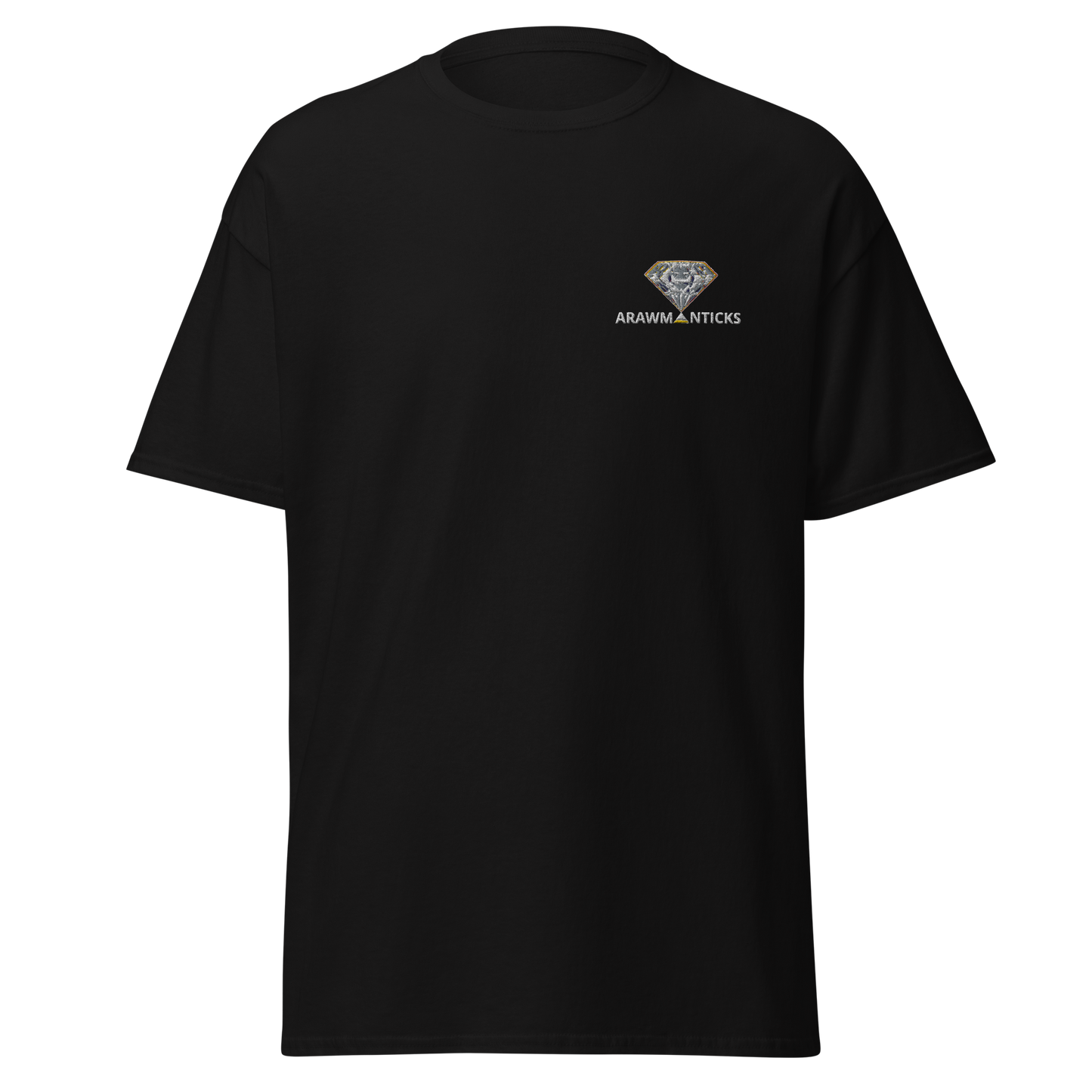 Black T-Shirt with Bright White Diamond Front Embroidery - ARAWMANTICKS Ghost Mockup