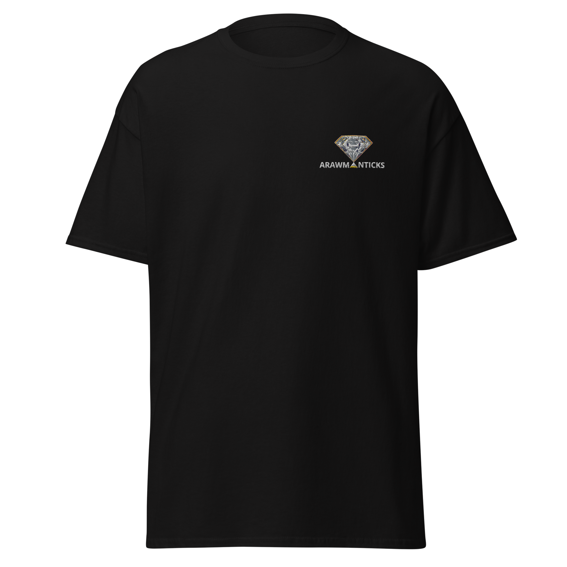 Black T-Shirt with Bright White Diamond Front Embroidery - ARAWMANTICKS Ghost Mockup