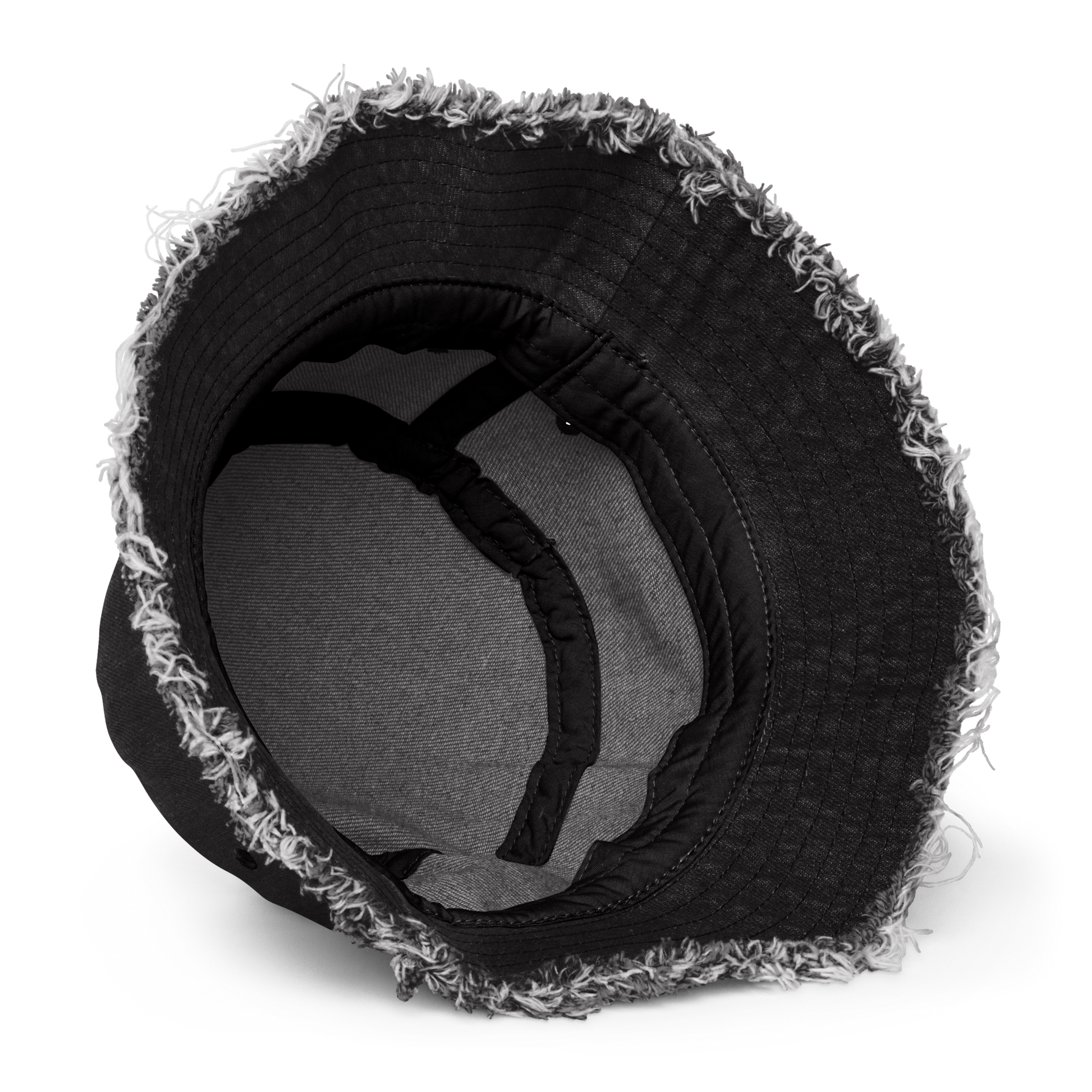 Black Denim Distressed Bucket Hat with All Seeing Eye Embroidery - ARAWMANTICKS Inside Mockup
