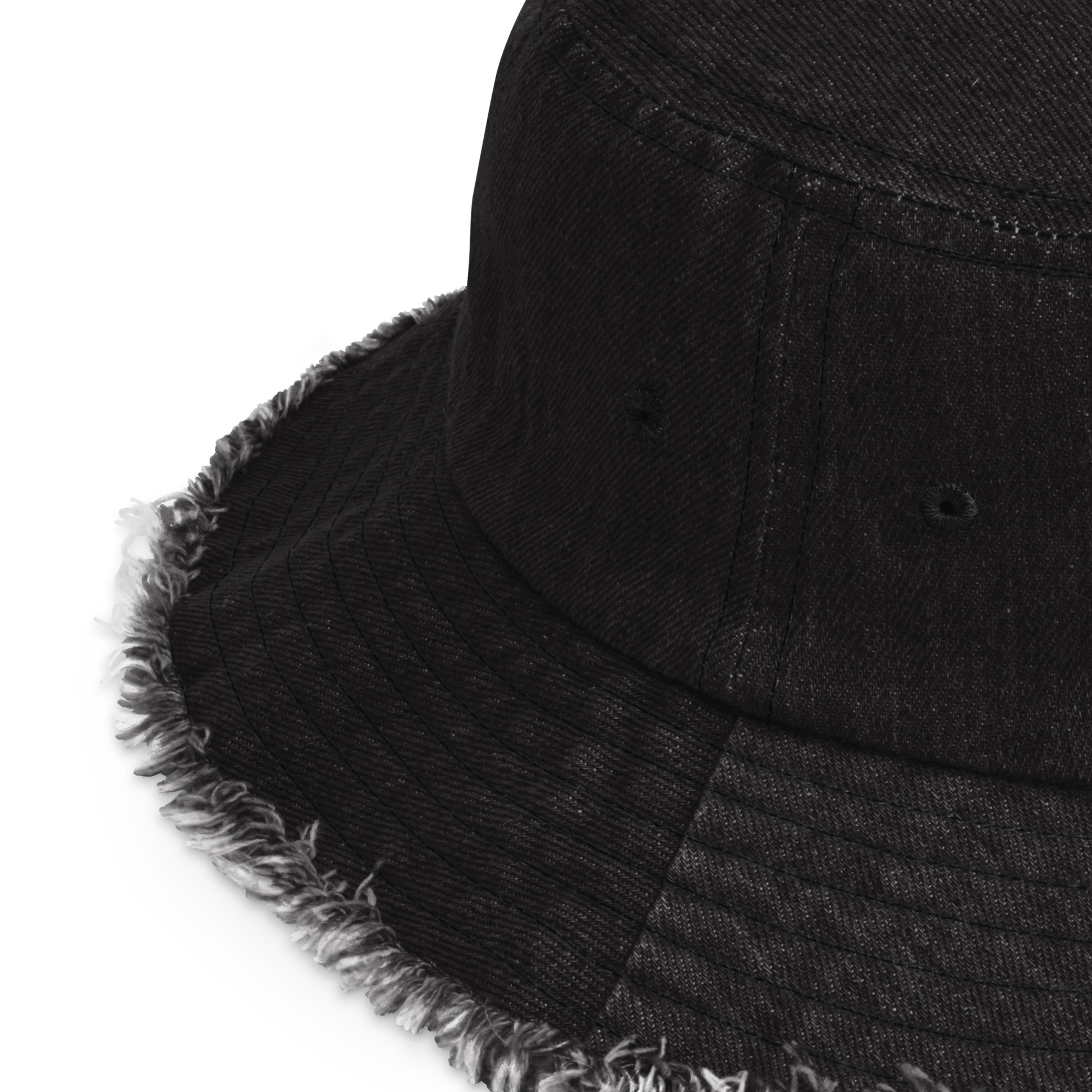 Black Denim Distressed Bucket Hat with All Seeing Eye Embroidery - ARAWMANTICKS Back Mockup Detail