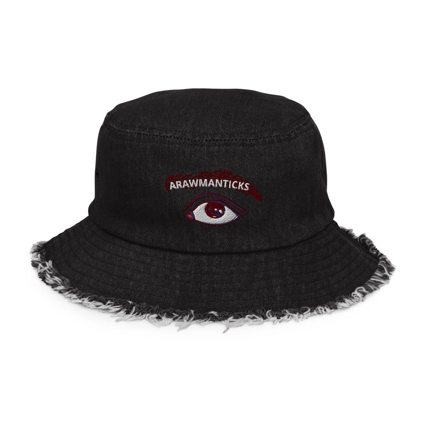 Black Denim Distressed Bucket Hat with All Seeing Eye Embroidery - ARAWMANTICKS Front Ghost Mockup