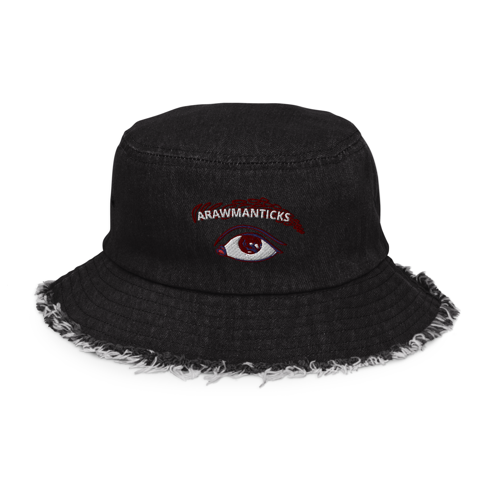 Black Denim Distressed Bucket Hat with All Seeing Eye Embroidery - ARAWMANTICKS Front Ghost Mockup