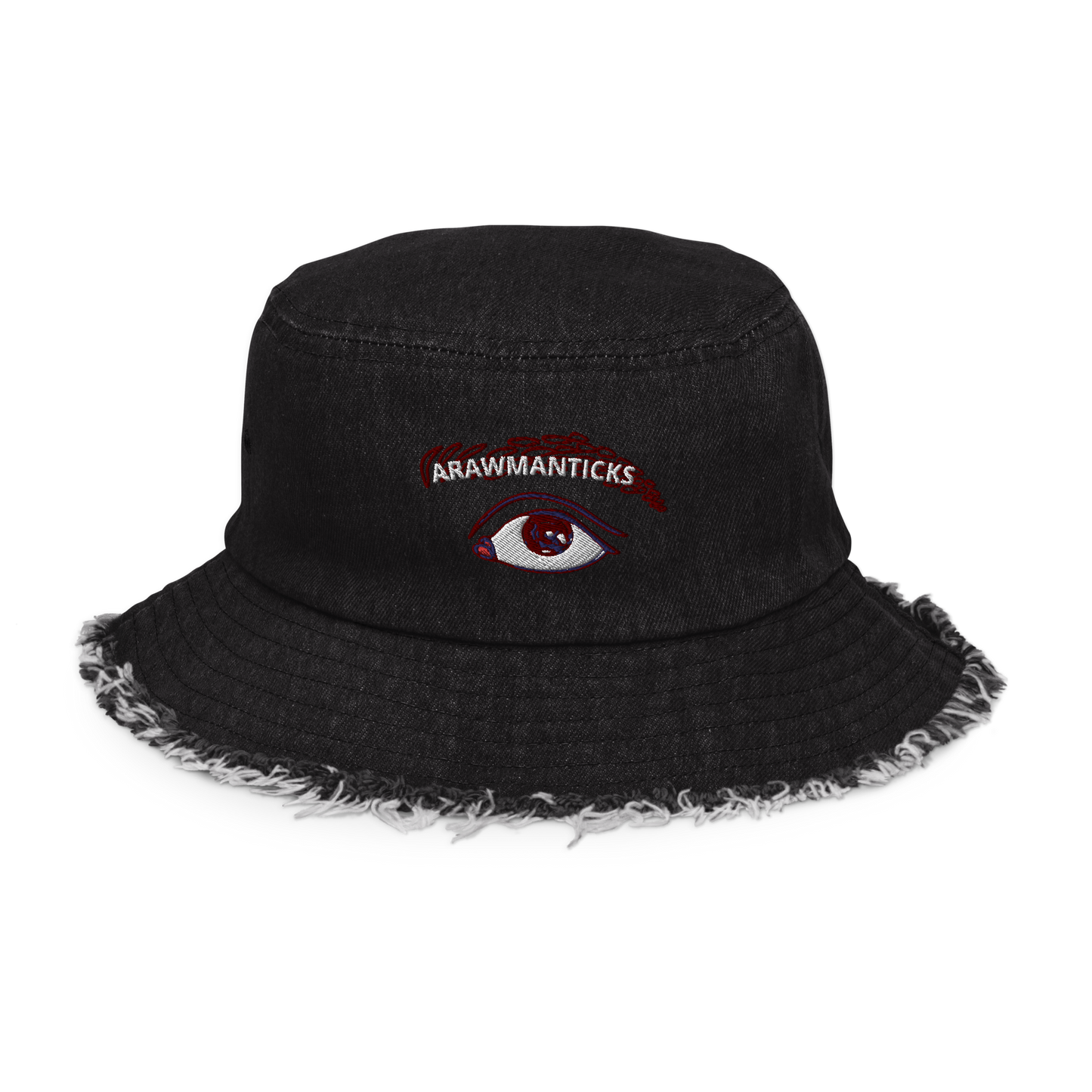 Black Denim Distressed Bucket Hat with All Seeing Eye Embroidery - ARAWMANTICKS Front Mockup