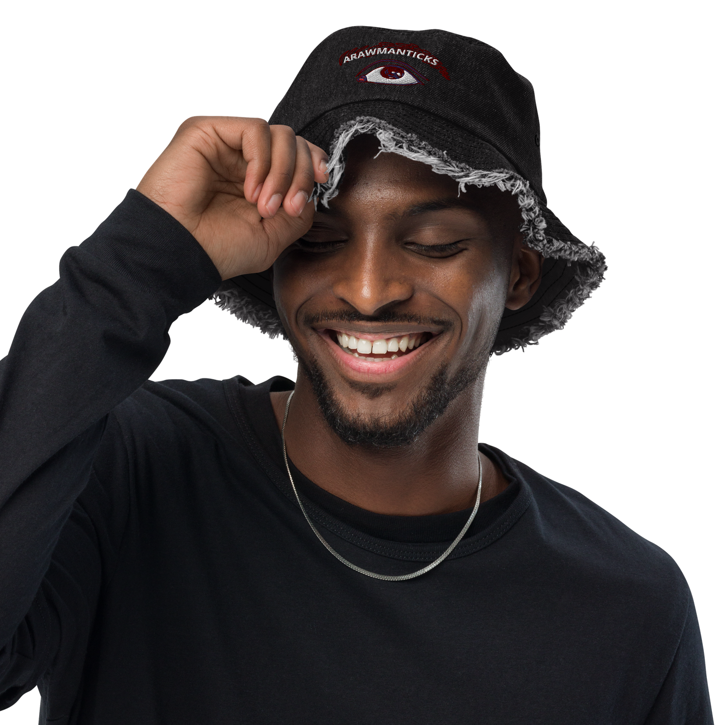 Male Model Wearing Black Denim Distressed Bucket Hat with All Seeing Eye Embroidery - ARAWMANTICKS