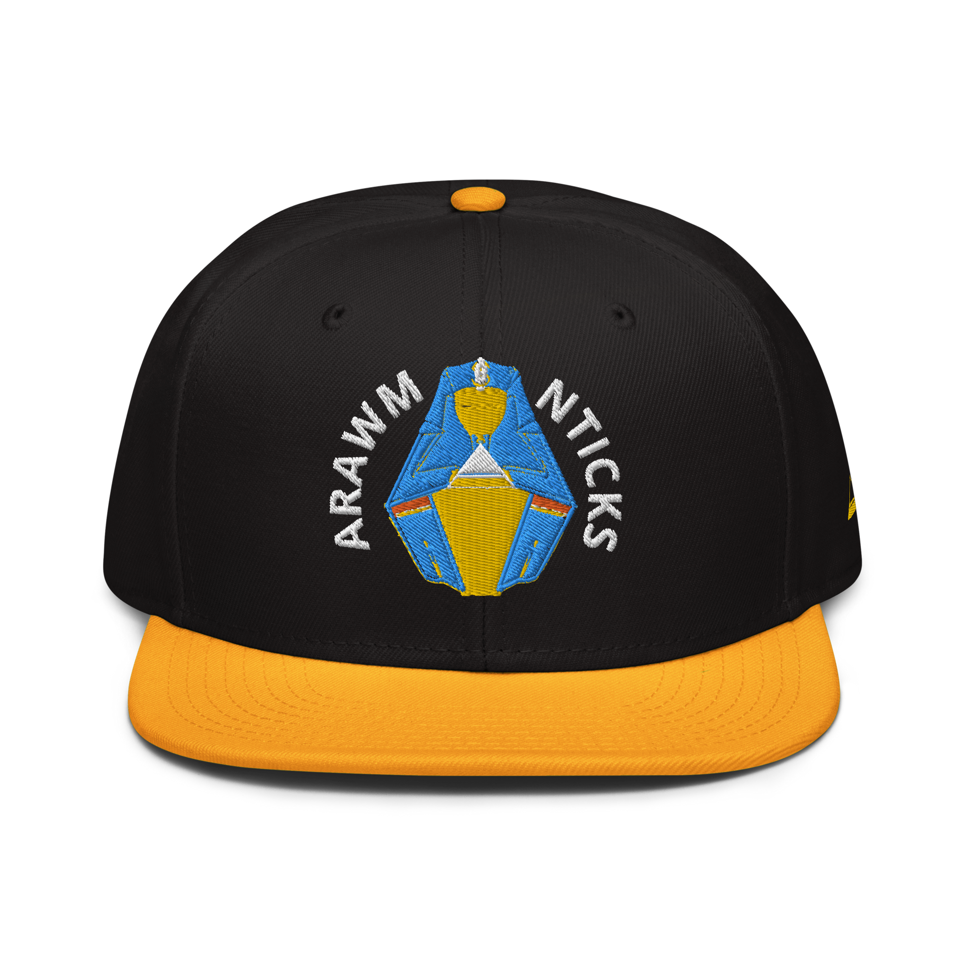Black and Gold Snapback Hat with Blue and Gold Sleeping Pharaoh Embroidery - ARAWMANTICKS Front Mockup