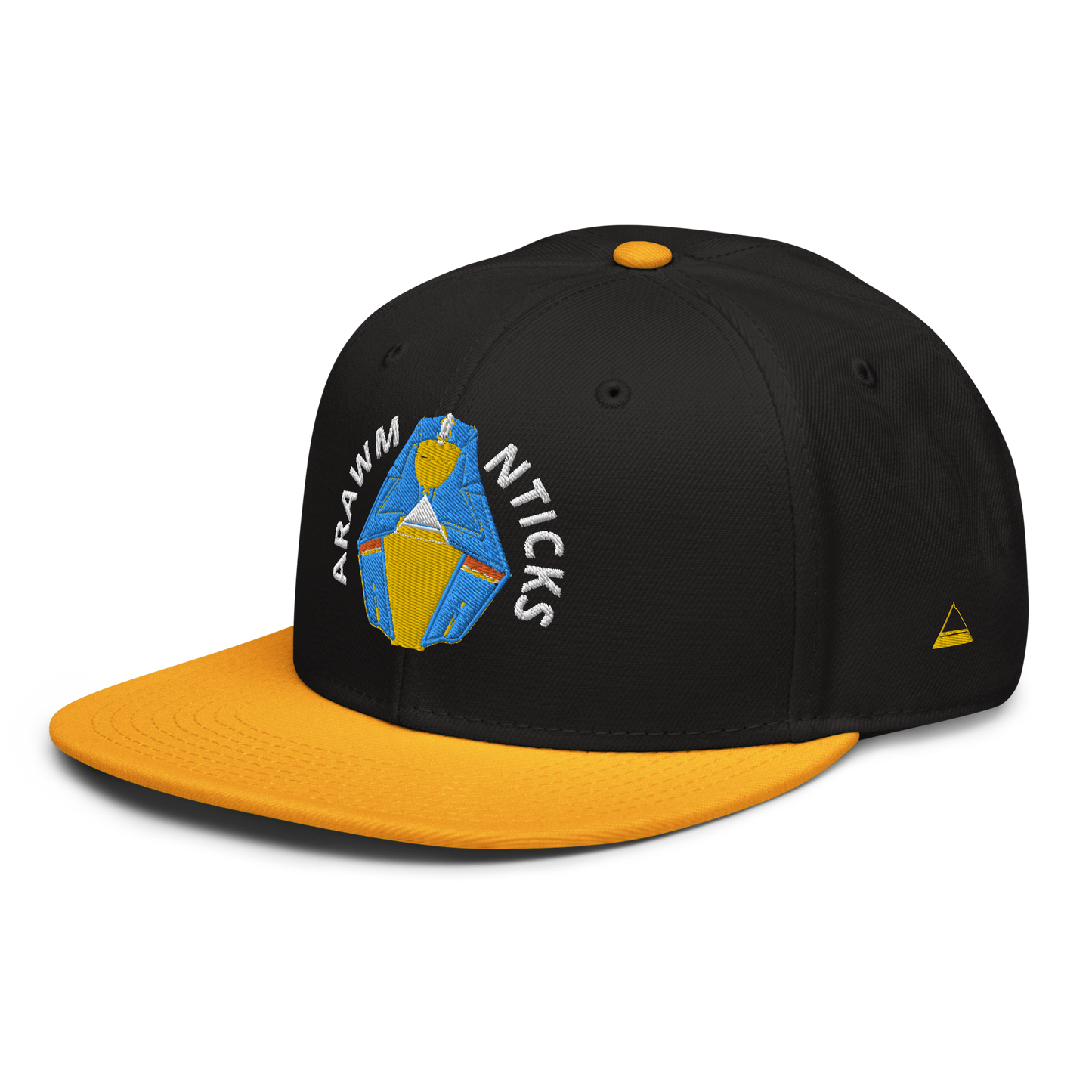 Black and Gold Snapback Hat with Blue and Gold Sleeping Pharaoh Embroidery - ARAWMANTICKS Left Front Mockup