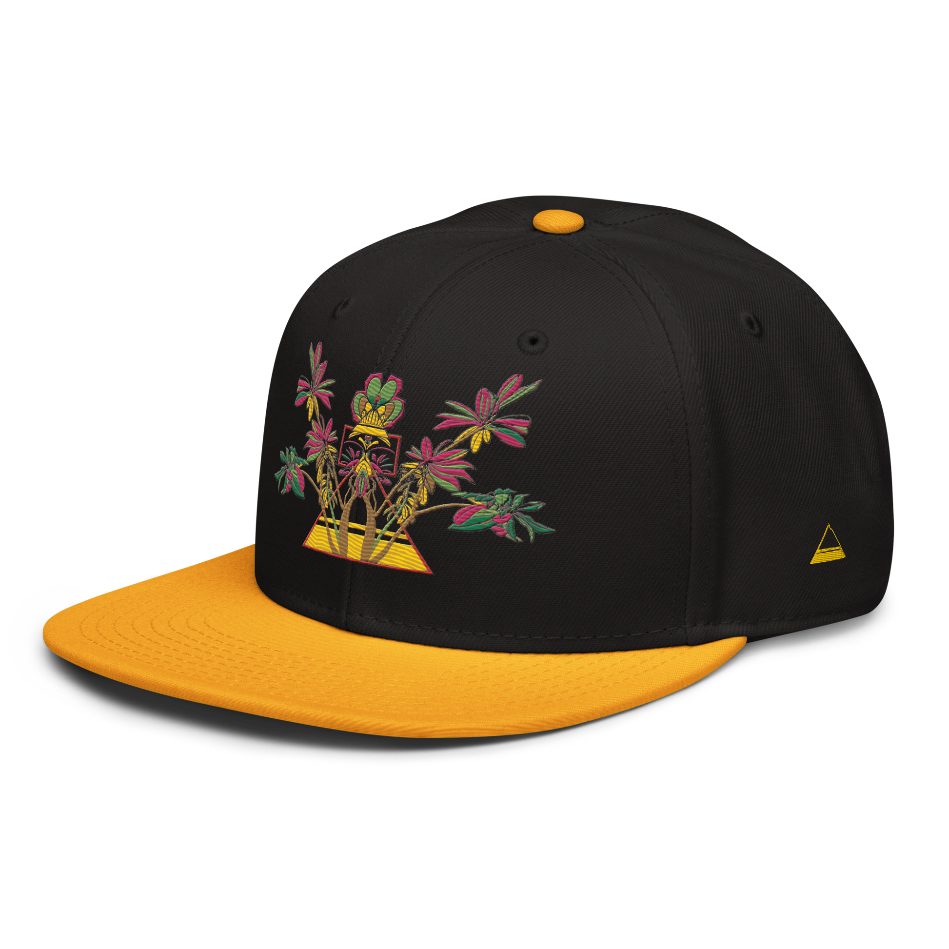 Black and Gold Snapback Hat with Red Floral Desert Rose Embroidery & Gold Pyramid - ARAWMANTICKS Left Front Mockup