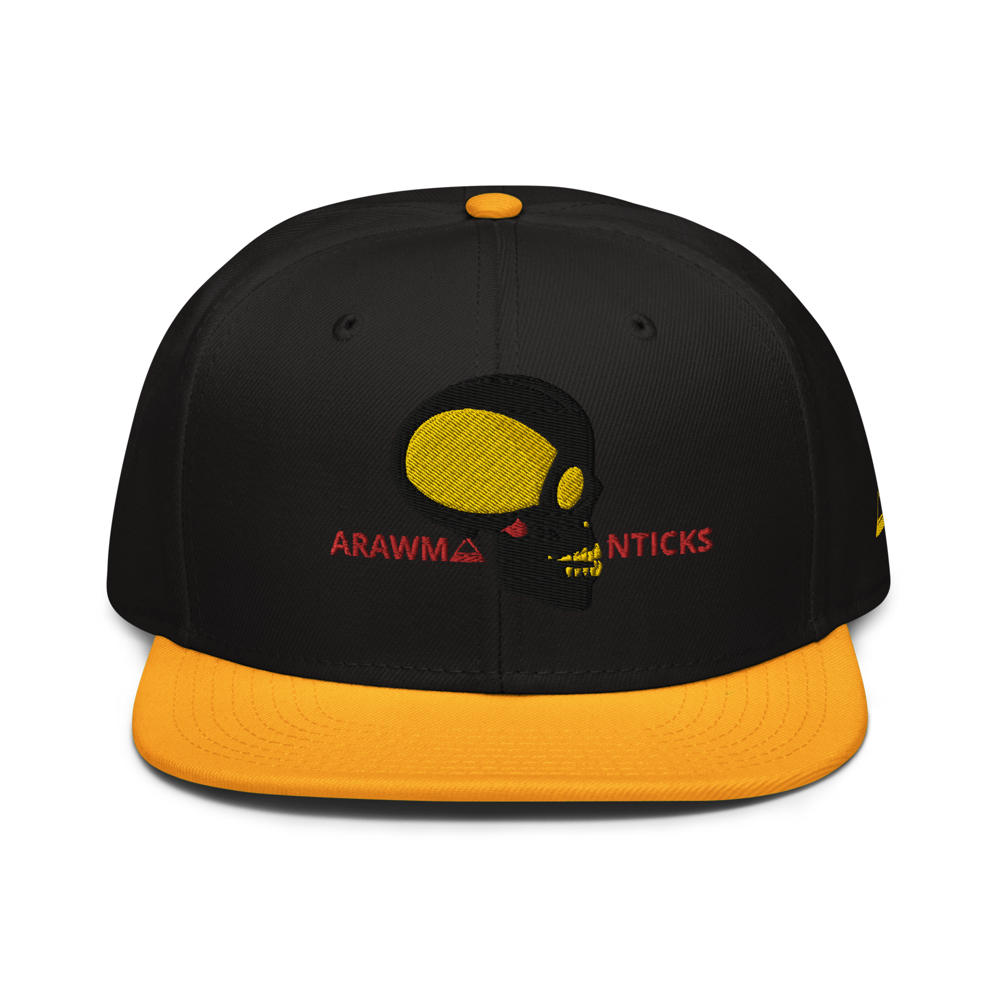 Black and Gold Snapback Hat with Black and Gold Skull Embroidery - ARAWMANTICKS Front Mockup