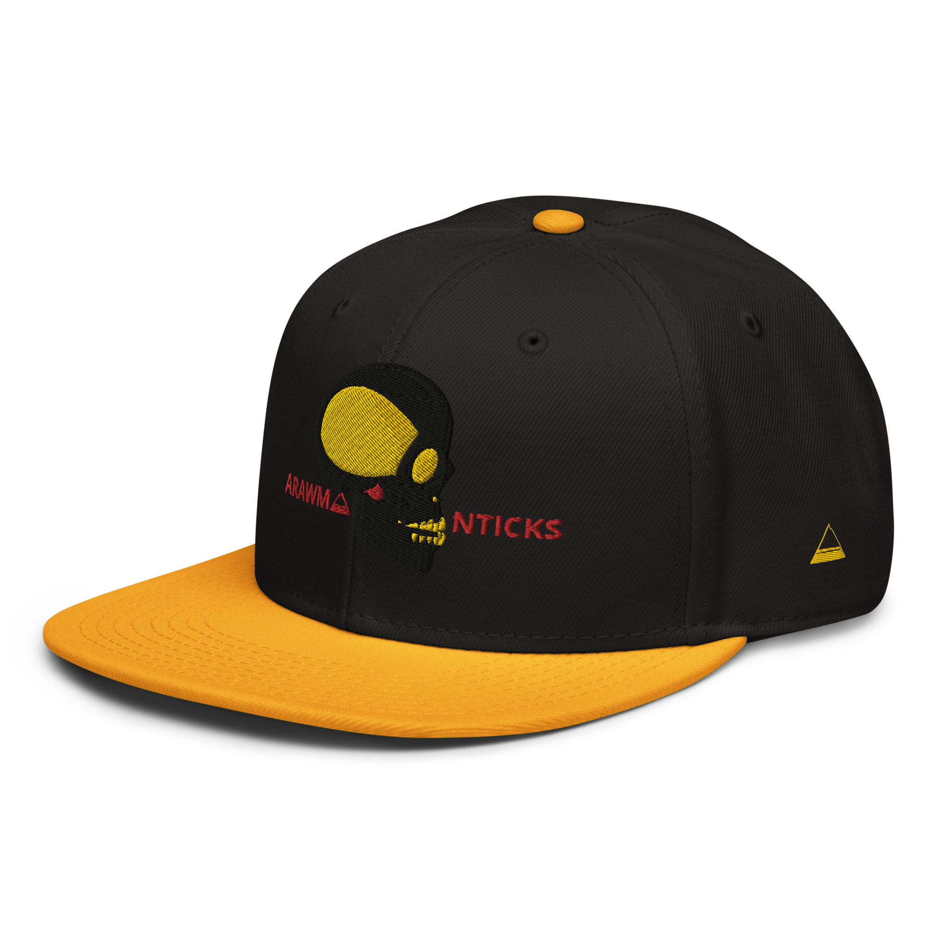 Black and Gold Snapback Hat with Black and Gold Skull Embroidery - ARAWMANTICKS Left Front Mockup