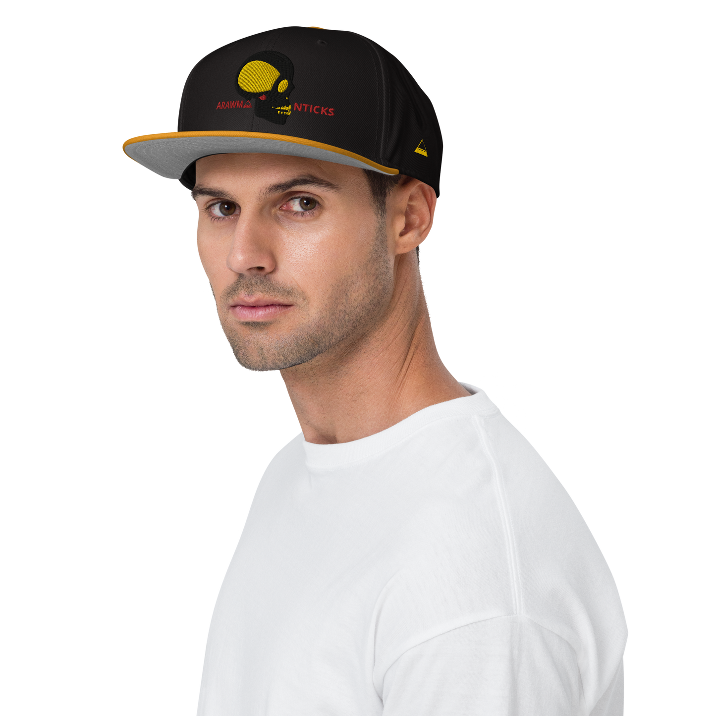 Male Model Wearing Black and Gold Snapback Hat with Black and Gold Skull Embroidery - ARAWMANTICKS