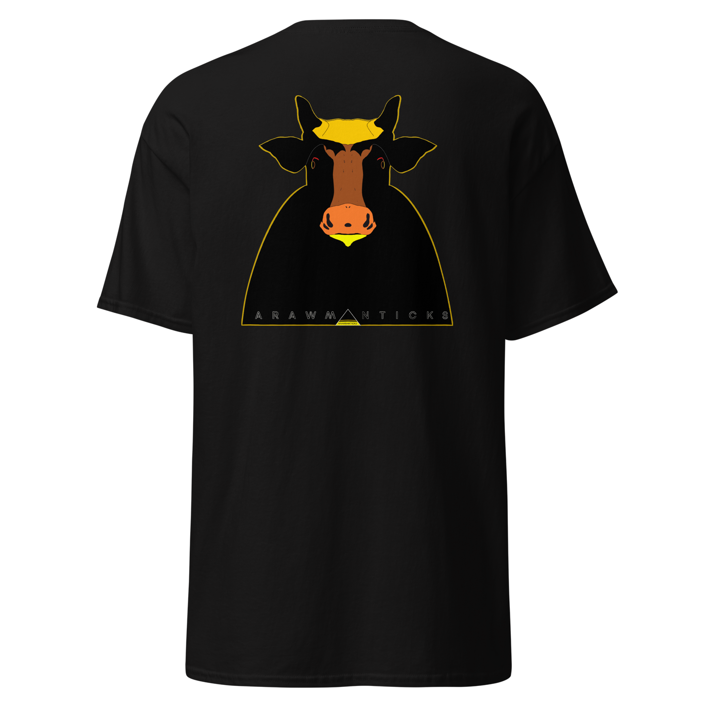 Black T-Shirt with Large Black and Gold Holy Cow Back Print - ARAWMANTICKS Ghost Mockup