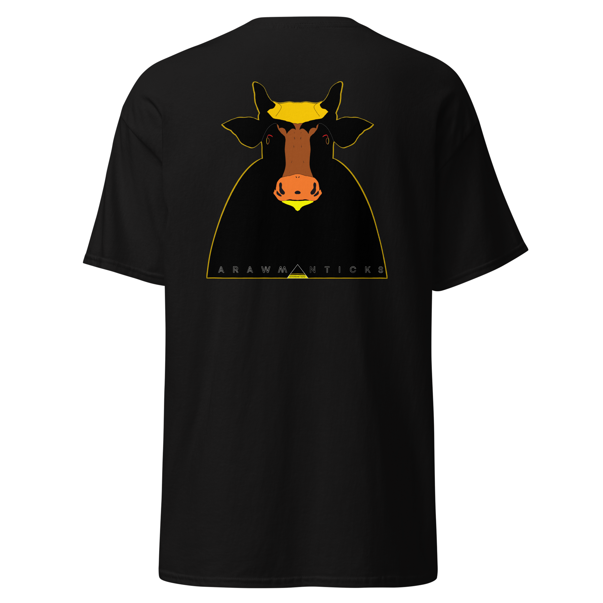 Black T-Shirt with Large Black and Gold Holy Cow Back Print - ARAWMANTICKS Ghost Mockup