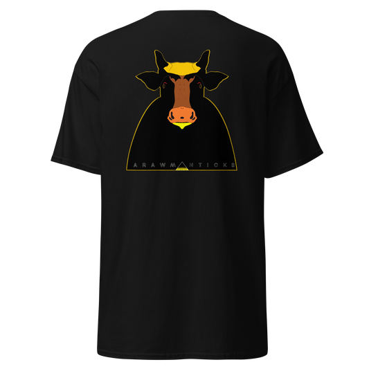 Black T-Shirt with Large Black and Gold Holy Cow Back Print - ARAWMANTICKS Ghost Mockup