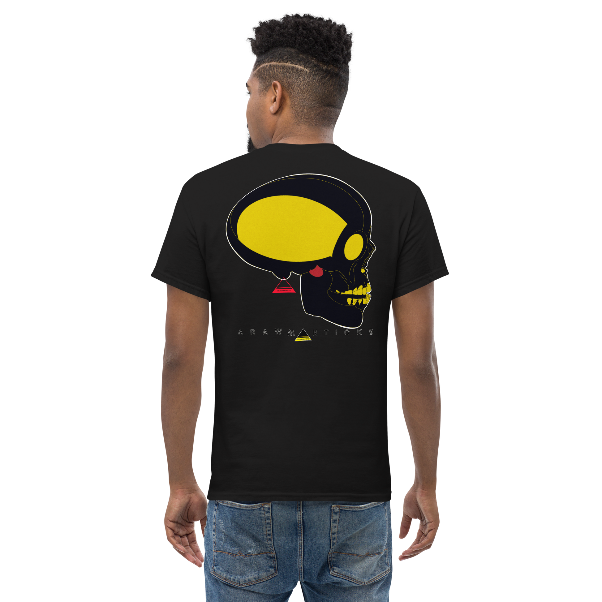 Male Model Wearing Black T-Shirt with Large Black and Gold Skull Back Print - ARAWMANTICKS