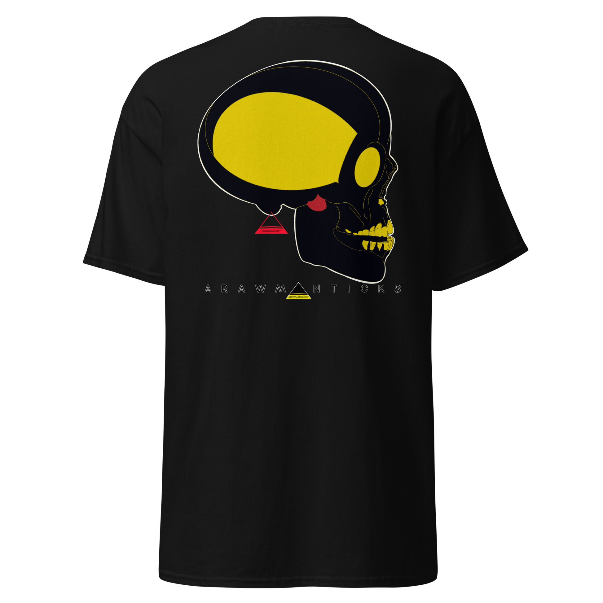 Black T-Shirt with Large Black and Gold Skull Back Print - ARAWMANTICKS Ghost Mockup