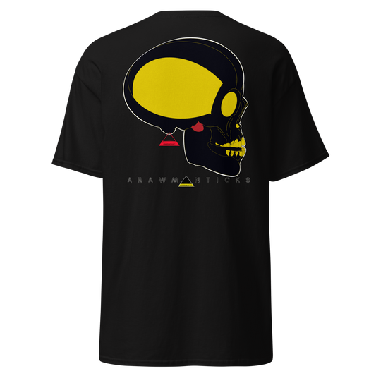 Black T-Shirt with Large Black and Gold Skull Back Print - ARAWMANTICKS Ghost Mockup