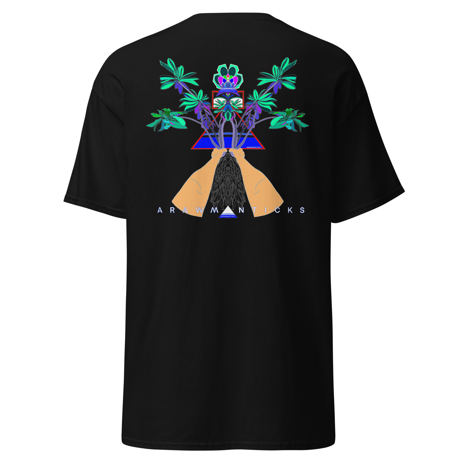 Black T-Shirt with Large Blue Floral Desert Rose Back Print - ARAWMANTICKS Ghost Mockup