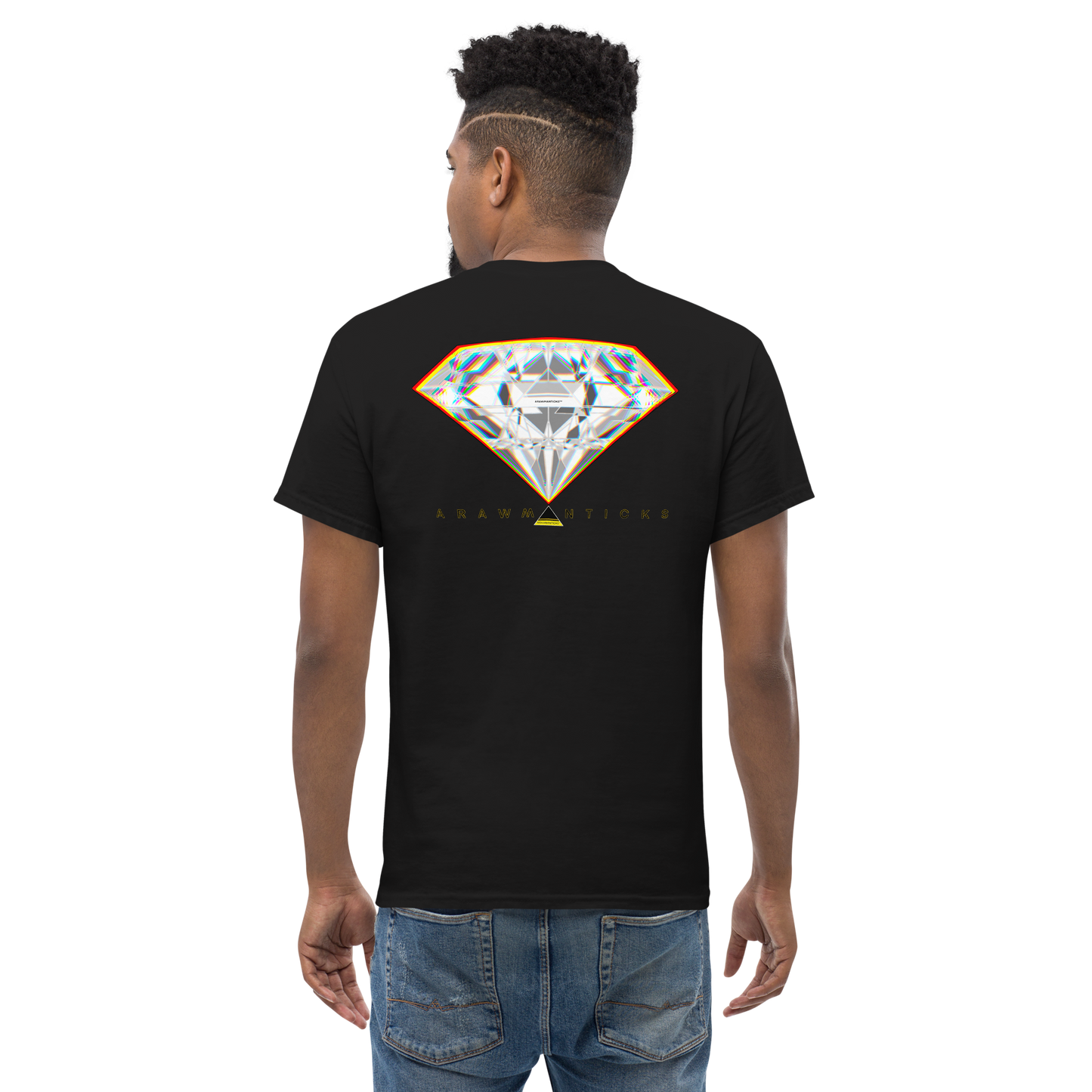 Male Model Wearing Black T-Shirt with Large Bright Diamond Back Print - ARAWMANTICKS