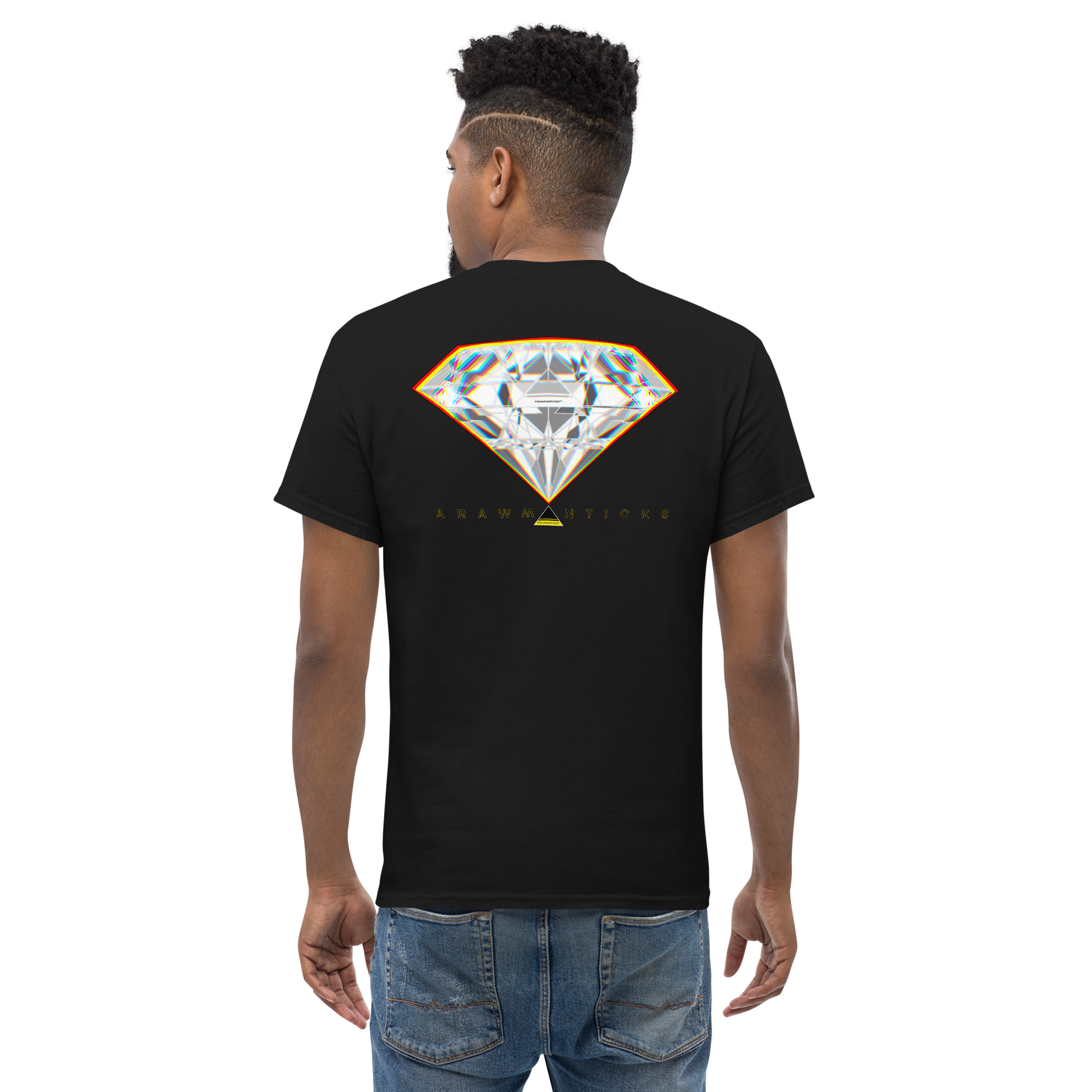 Male Model Wearing Black T-Shirt with Large Bright Diamond Back Print - ARAWMANTICKS