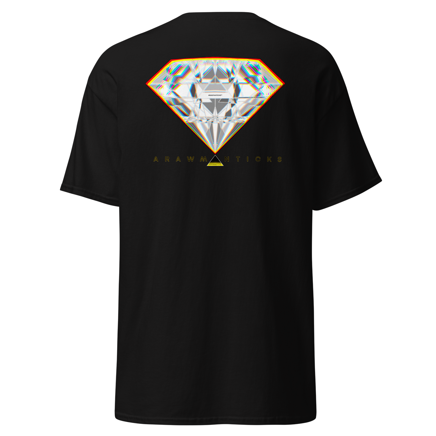 Black T-Shirt with Large Bright Diamond Back Print - ARAWMANTICKS Ghost Mockup