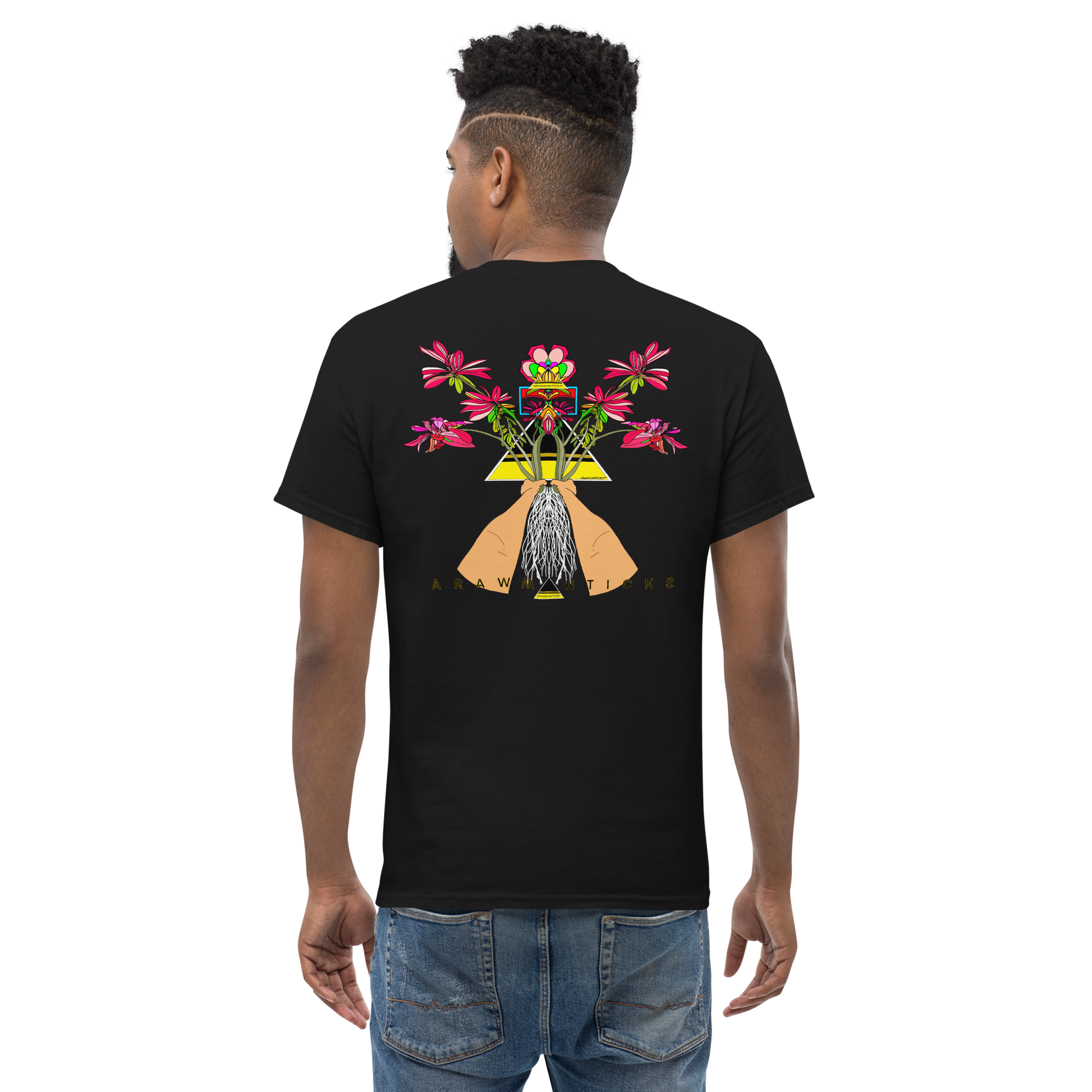 Male Model Wearing Black T-Shirt with Large Red Floral Desert Rose Back Print - ARAWMANTICKS