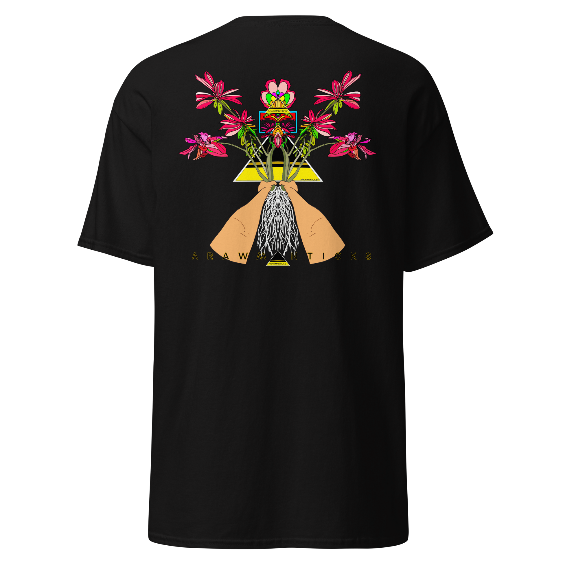 Black T-Shirt with Large Red Floral Desert Rose Back Print - ARAWMANTICKS Ghost Mockup