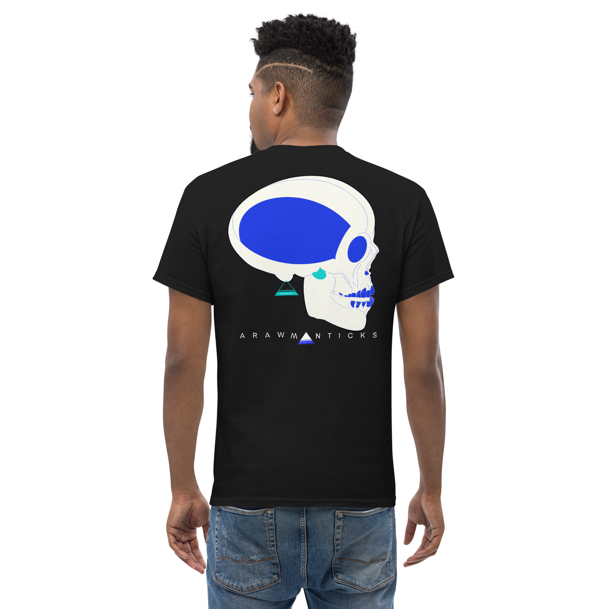 Male Model Wearing Black T-Shirt with Large White and Blue Skull Back Print - ARAWMANTICKS