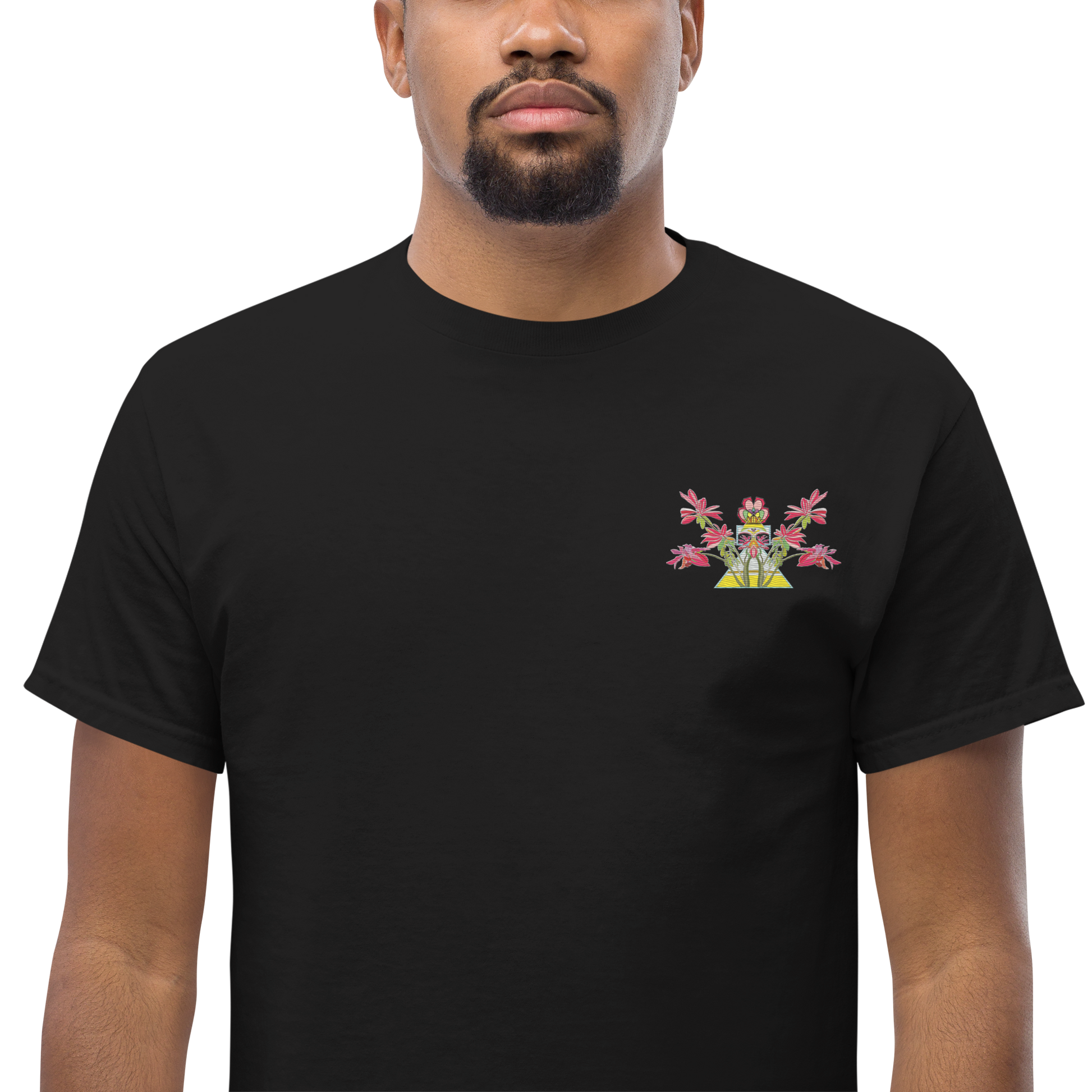 Male Model Wearing Black T-Shirt with Red Floral Desert Rose Front Embroidery - ARAWMANTICKS