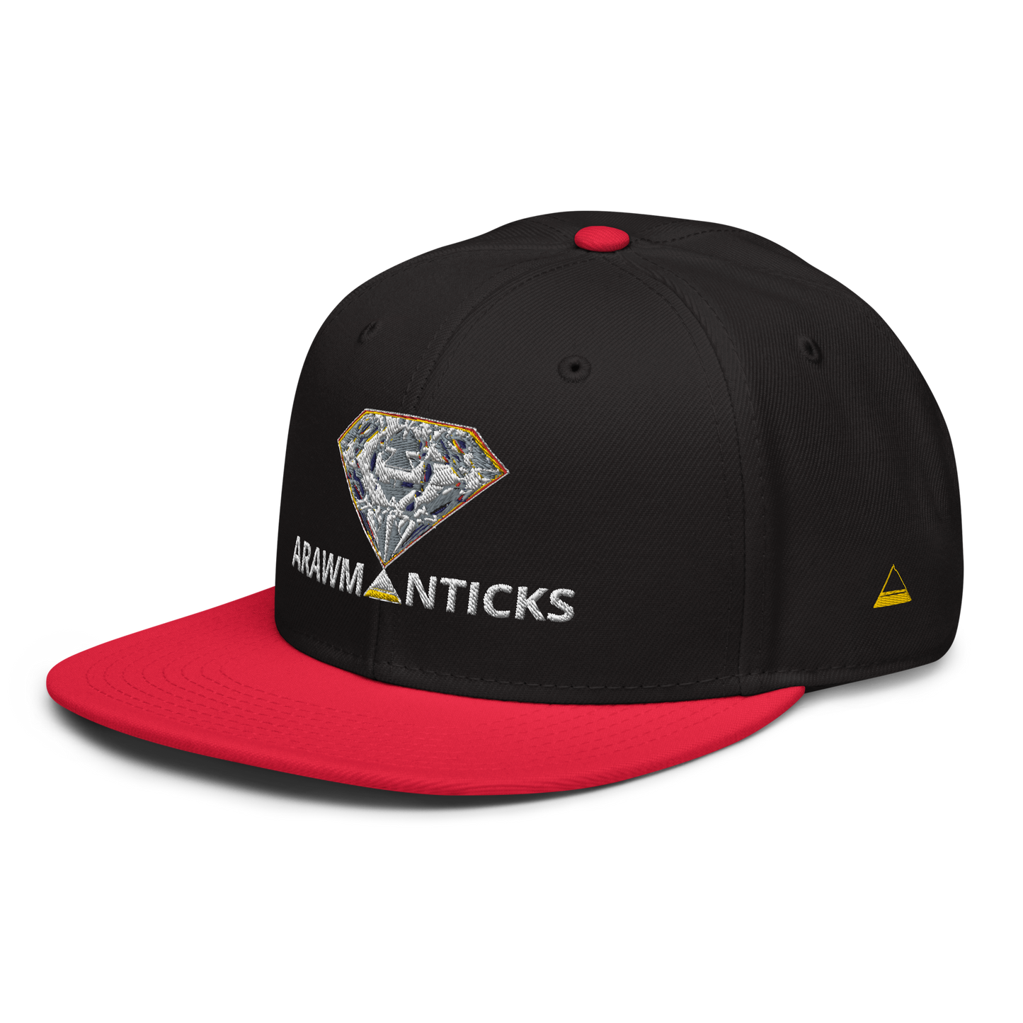 Black and Red Snapback Hat with Bright Diamond 'A' Front Embroidery - ARAWMANTICKS Left Front Mockup