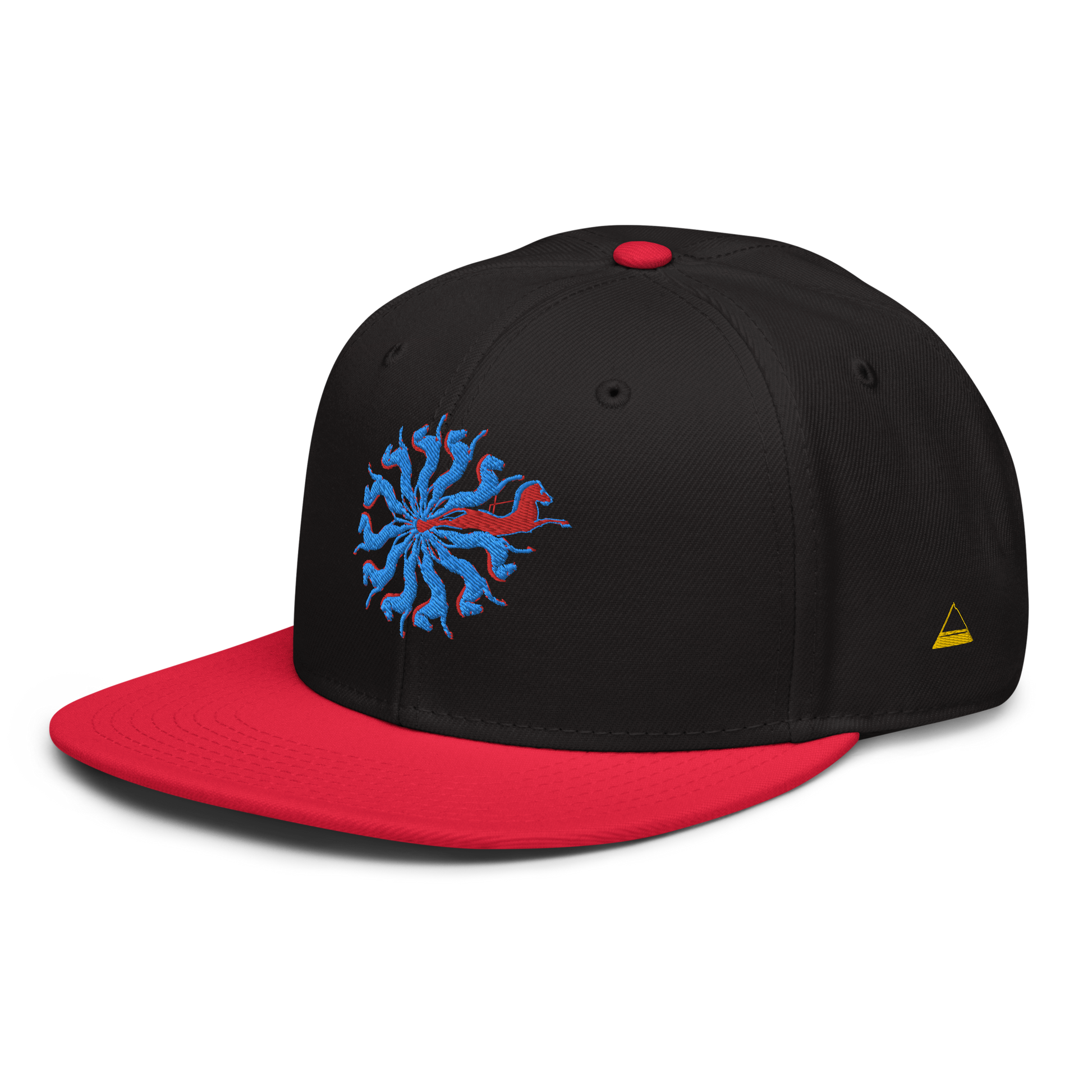 Black and Red Snapback Hat with Embroidered Red and Blue Spiral Horses - ARAWMANTICKS Left Front Mockup