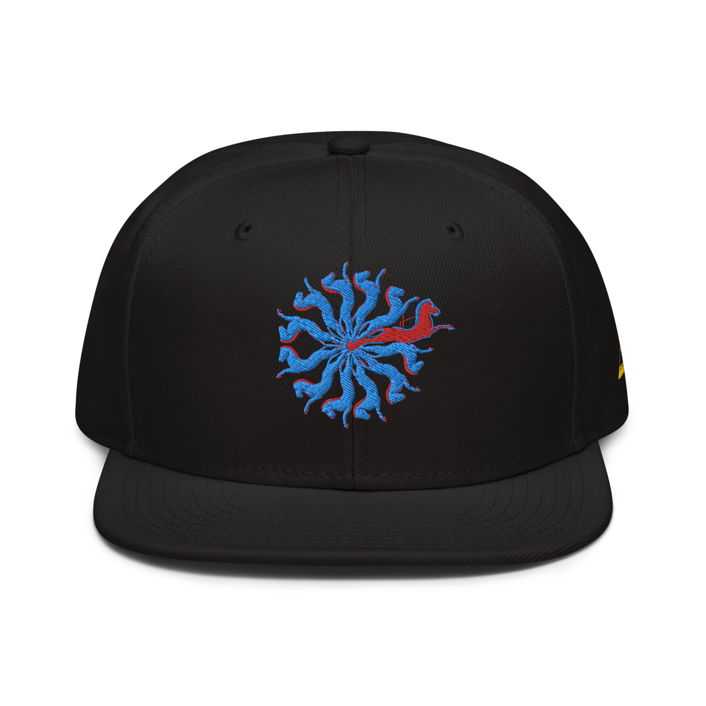 Black Snapback Hat with Embroidered Red and Blue Spiral Horses - ARAWMANTICKS Front Mockup