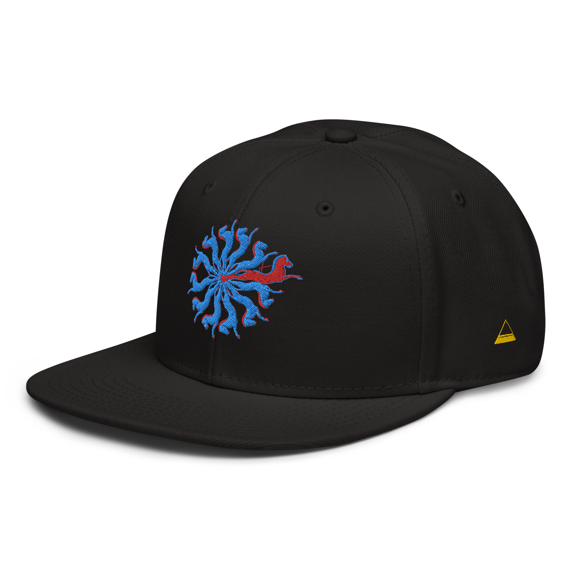 Black Snapback Hat with Embroidered Red and Blue Spiral Horses - ARAWMANTICKS Left Front Mockup