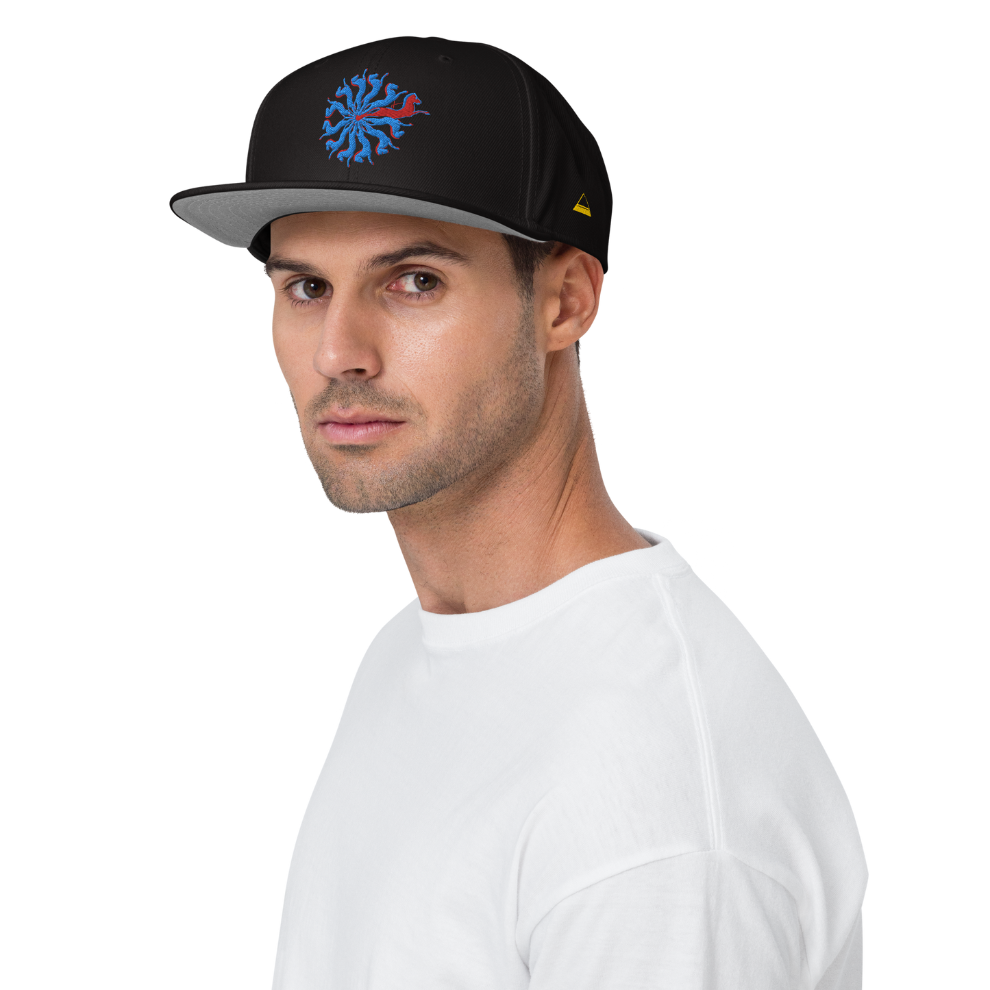 Male Model Wearing Black Snapback Hat with Embroidered Red and Blue Spiral Horses - ARAWMANTICKS