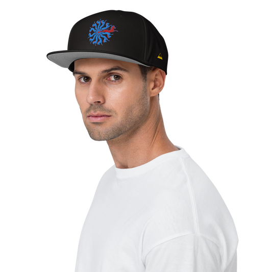 Male Model Wearing Black Snapback Hat with Embroidered Red and Blue Spiral Horses - ARAWMANTICKS