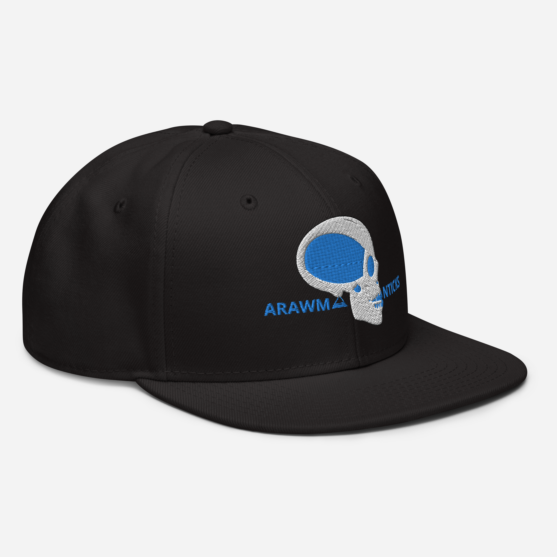 Black Snapback Hat with White and Blue Skull Embroidery - ARAWMANTICKS Right Front Mockup