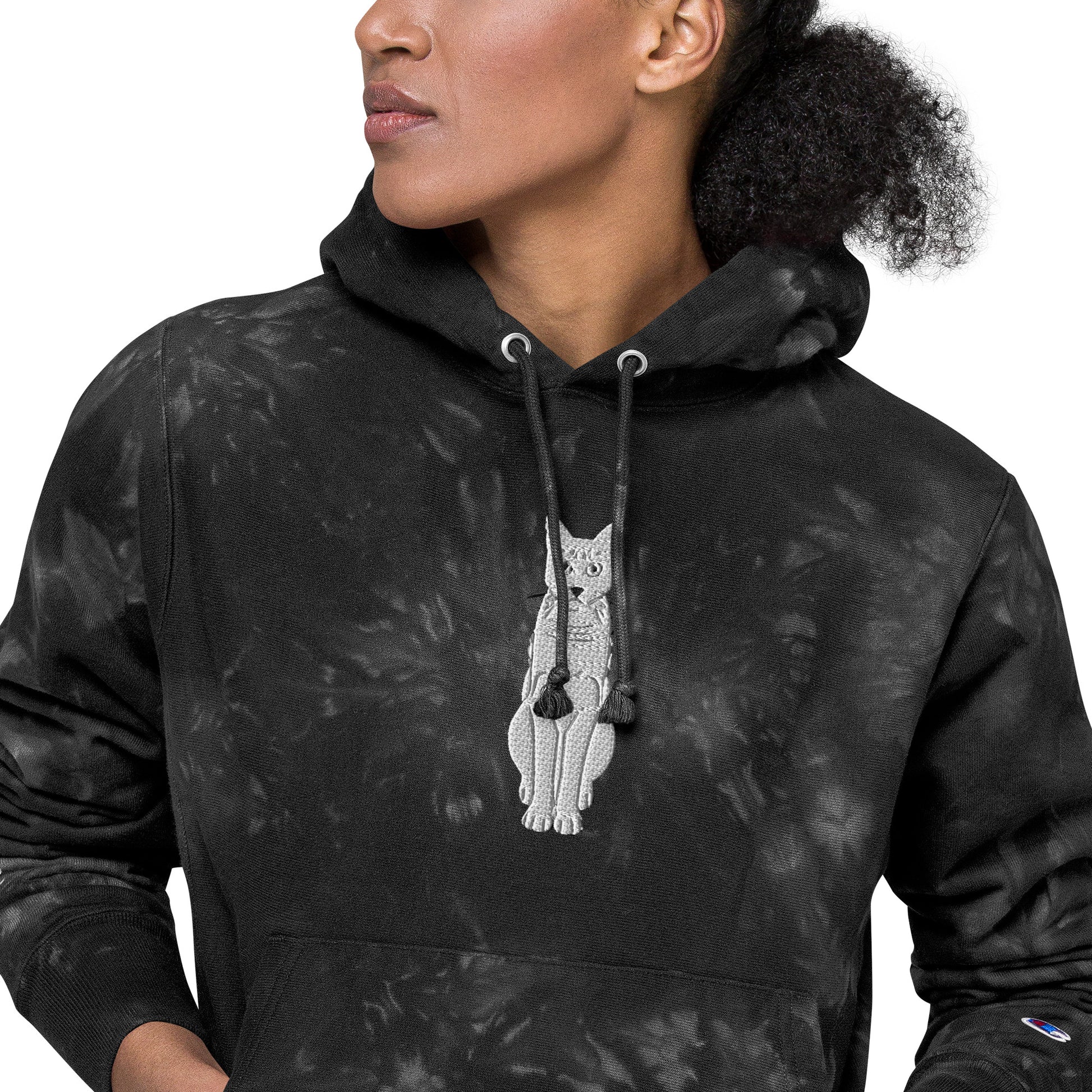 Female Model Wearing Black Champion Tie-Dye Hoodie with White Cat Embroidery - ARAWMANTICKS Front