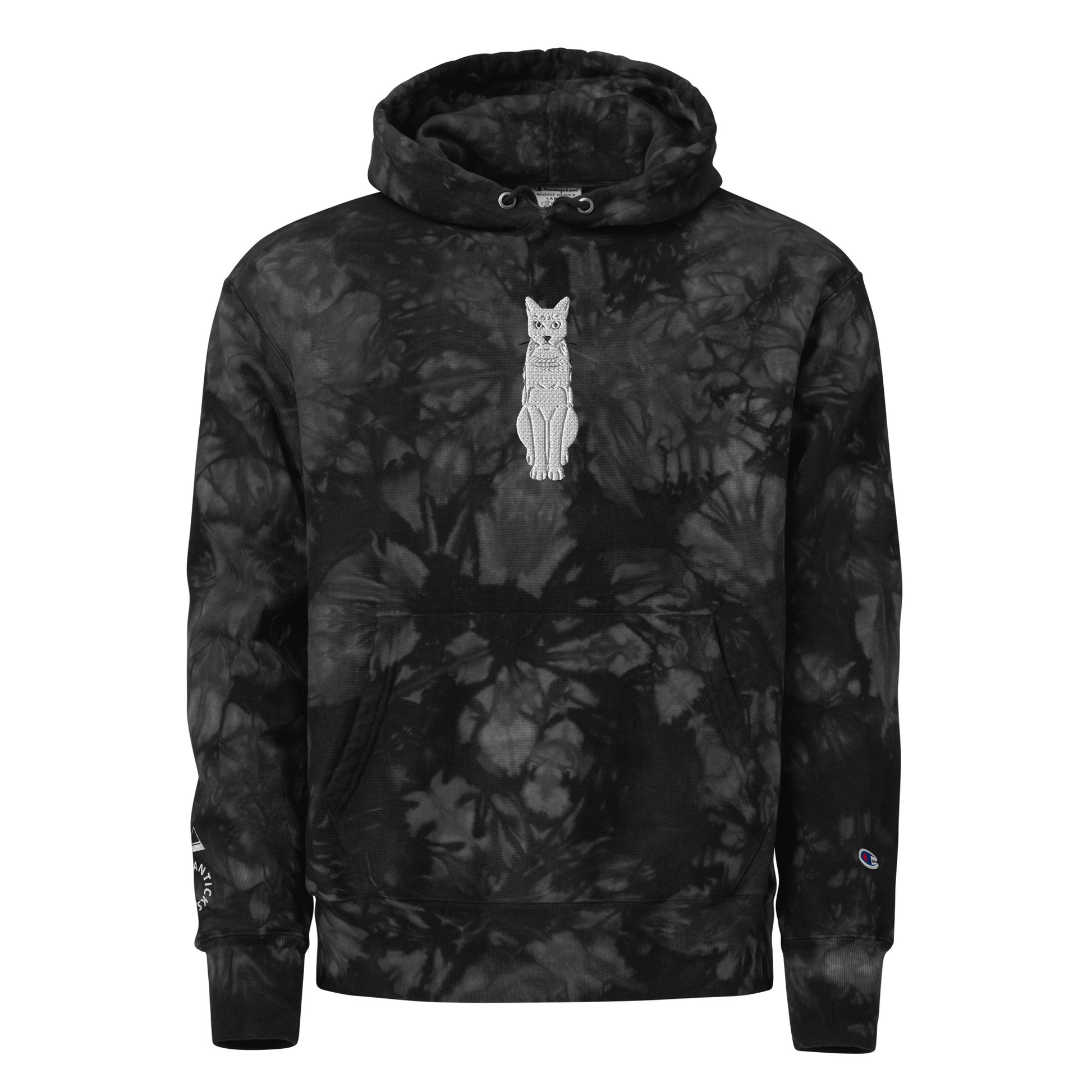 Black Champion Tie-Dye Hoodie with White Cat Embroidery - ARAWMANTICKS Front Ghost