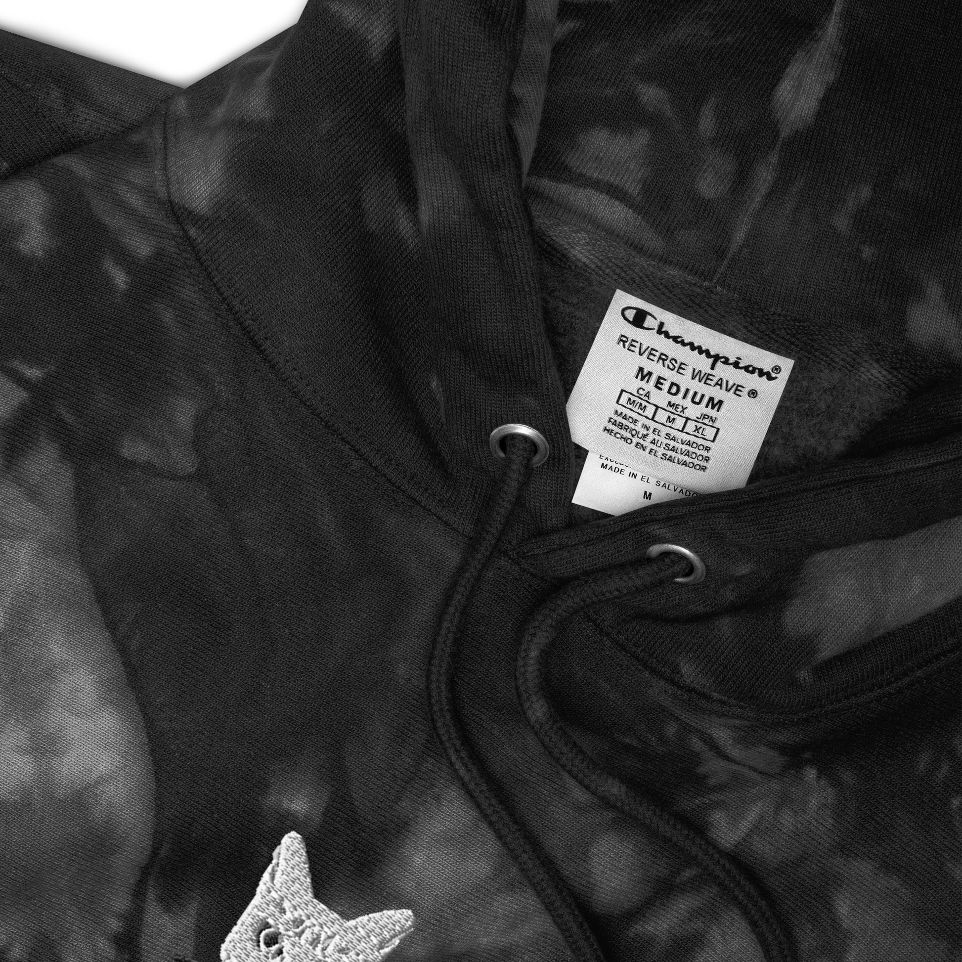 Inside Tag of Black Champion Tie-Dye Hoodie with White Cat Embroidery - ARAWMANTICKS