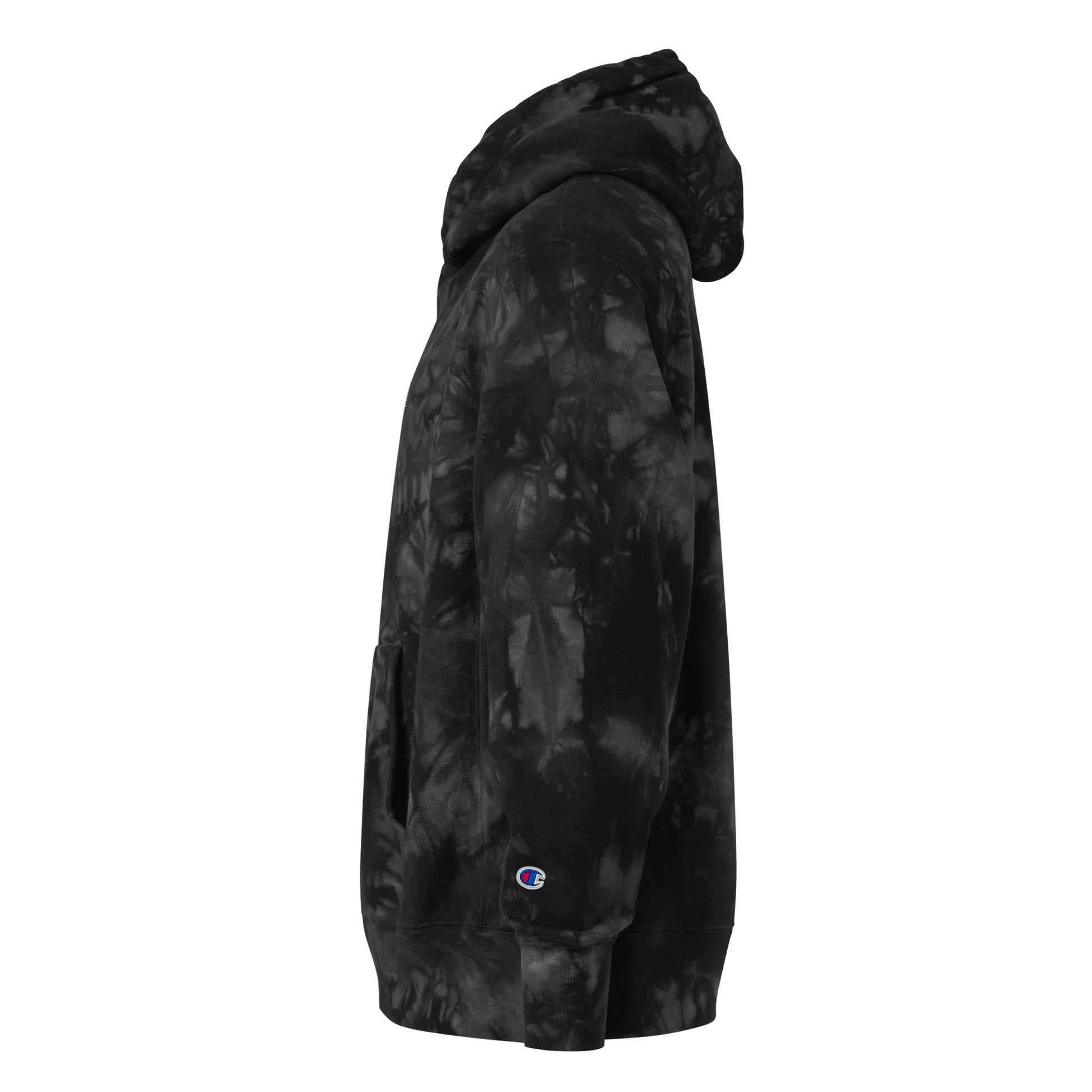 Black Champion Tie-Dye Hoodie with White Cat Embroidery - ARAWMANTICKS Left Ghost