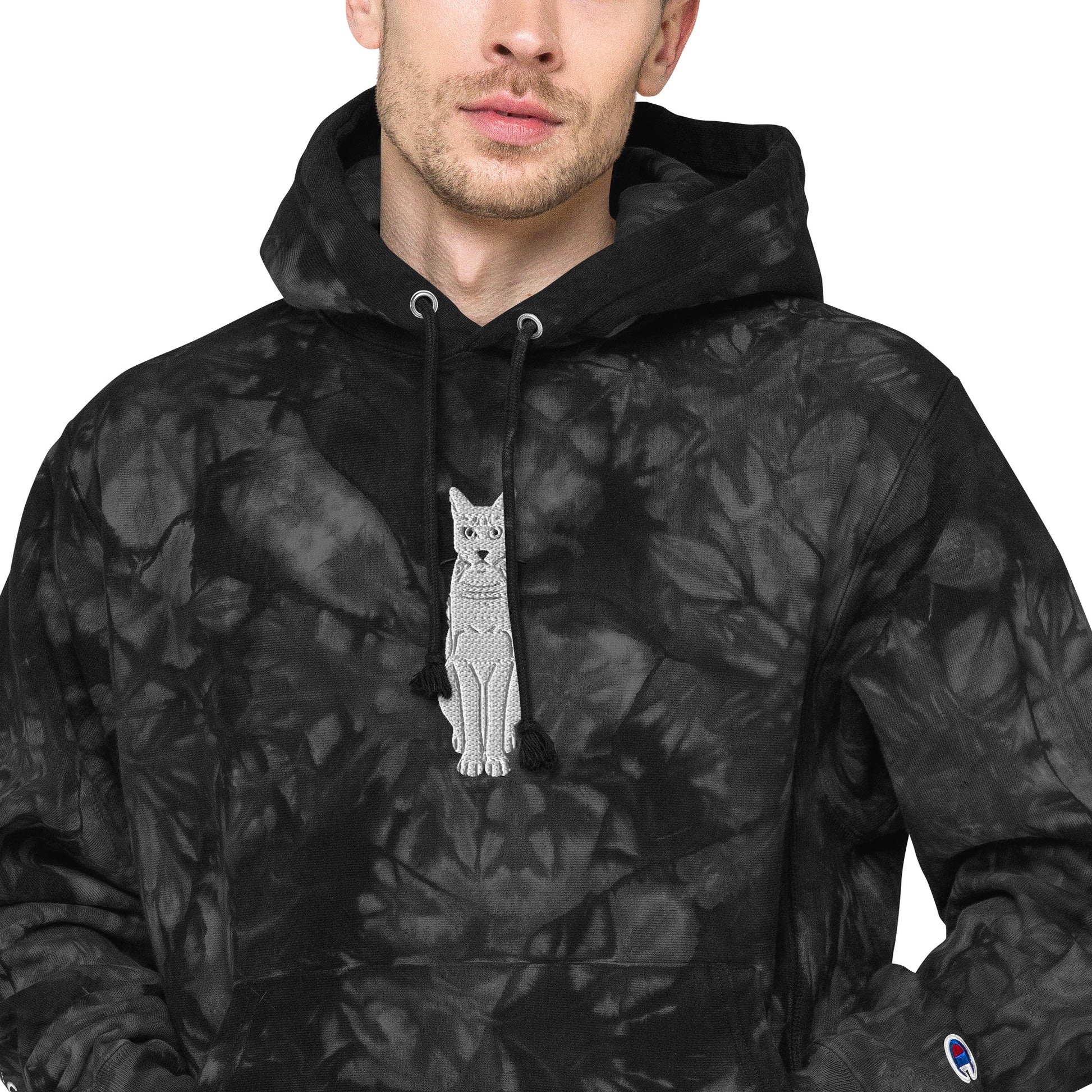 Male Model Wearing Black Champion Tie-Dye Hoodie with White Cat Embroidery - ARAWMANTICKS Front